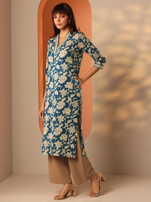 Teal Printed Cotton Straight Kurta