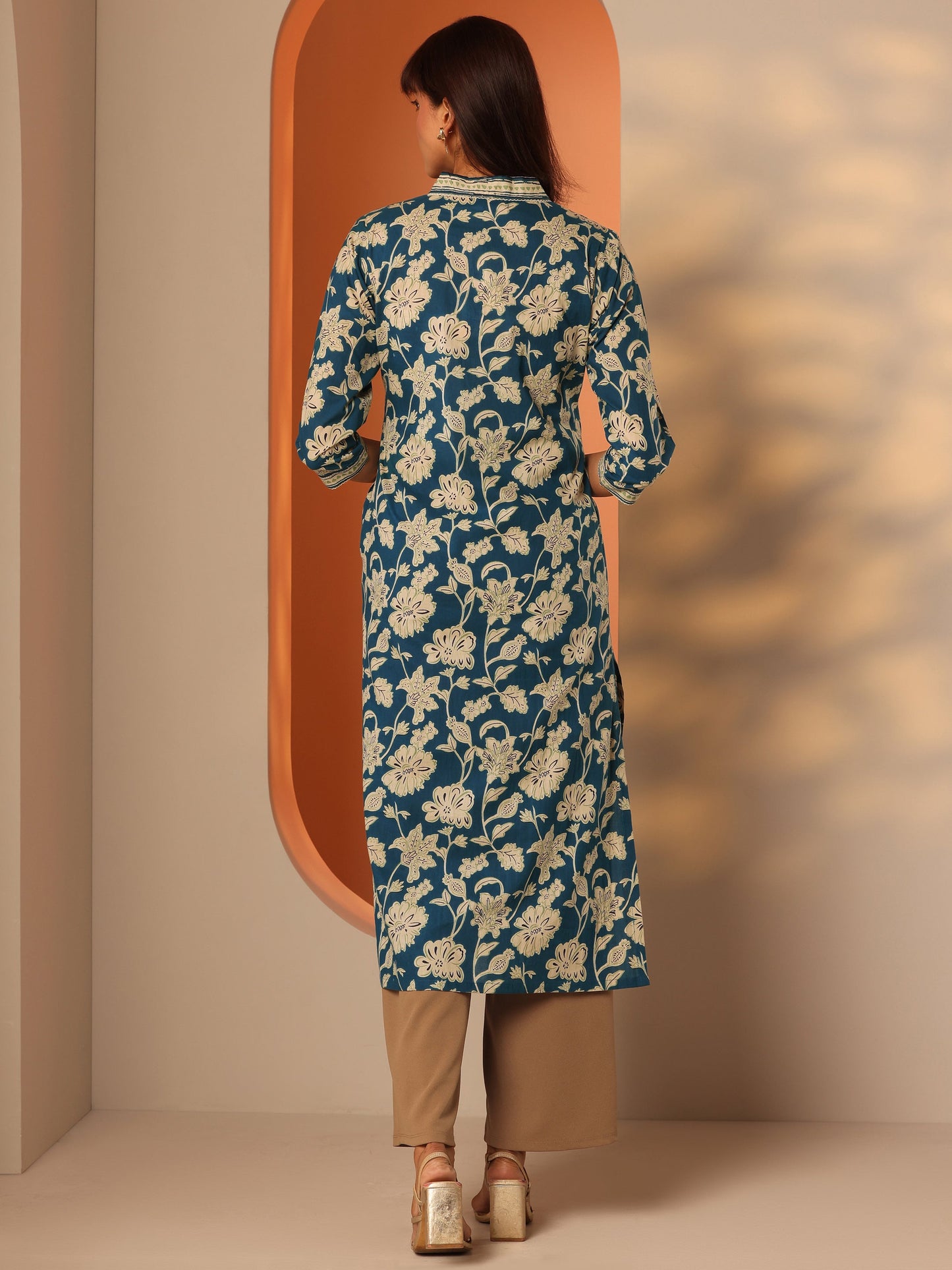 Teal Printed Cotton Straight Kurta