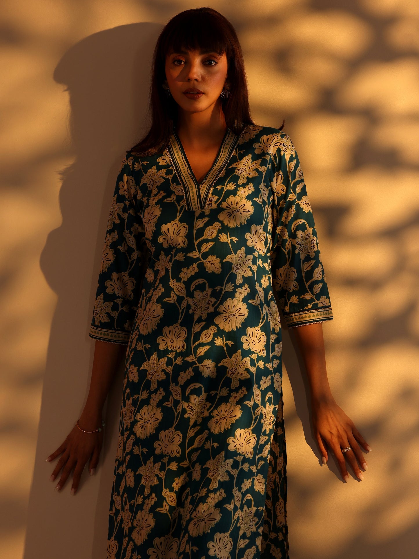 Teal Printed Cotton Straight Kurta