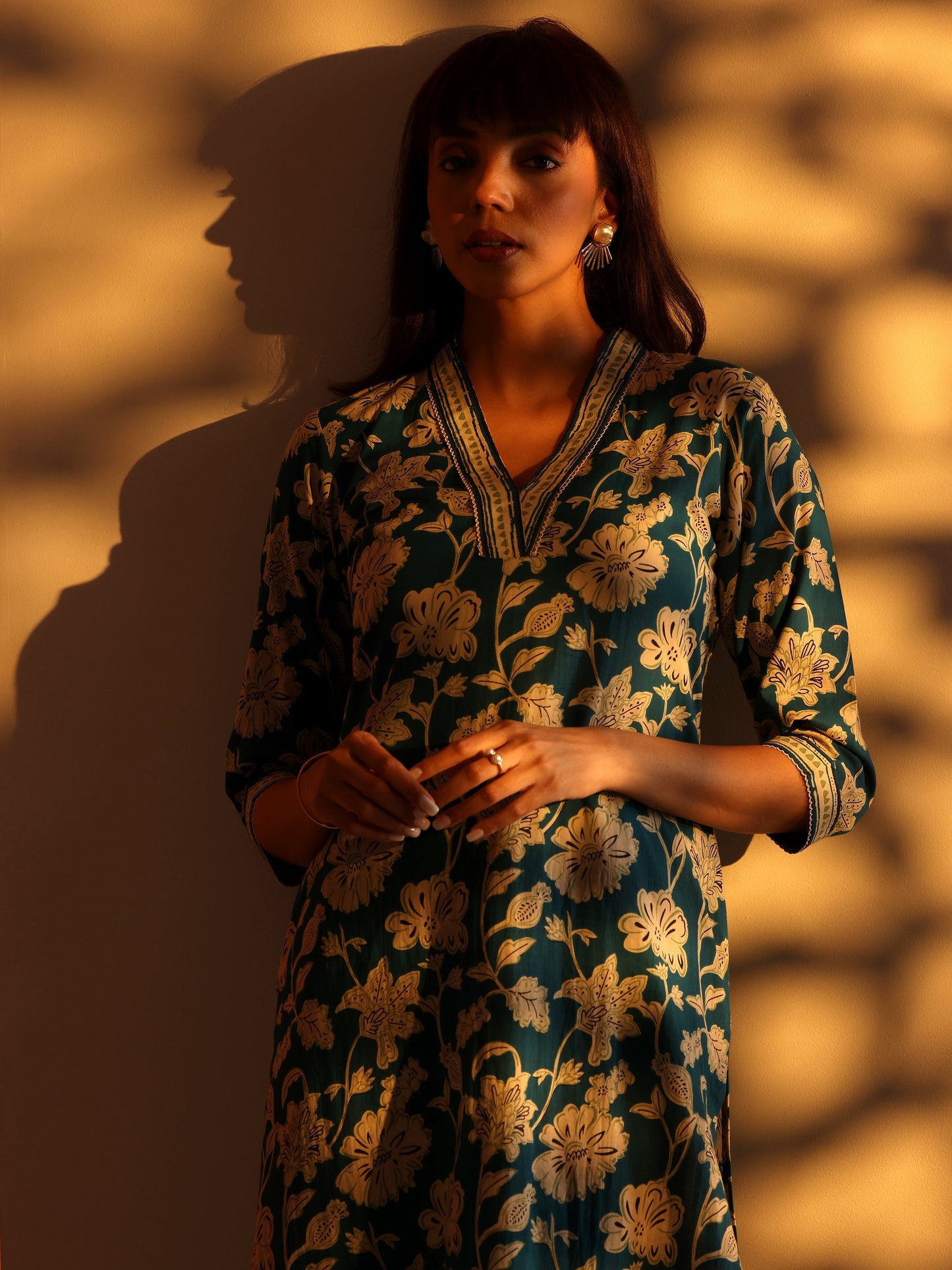 Teal Printed Cotton Straight Kurta