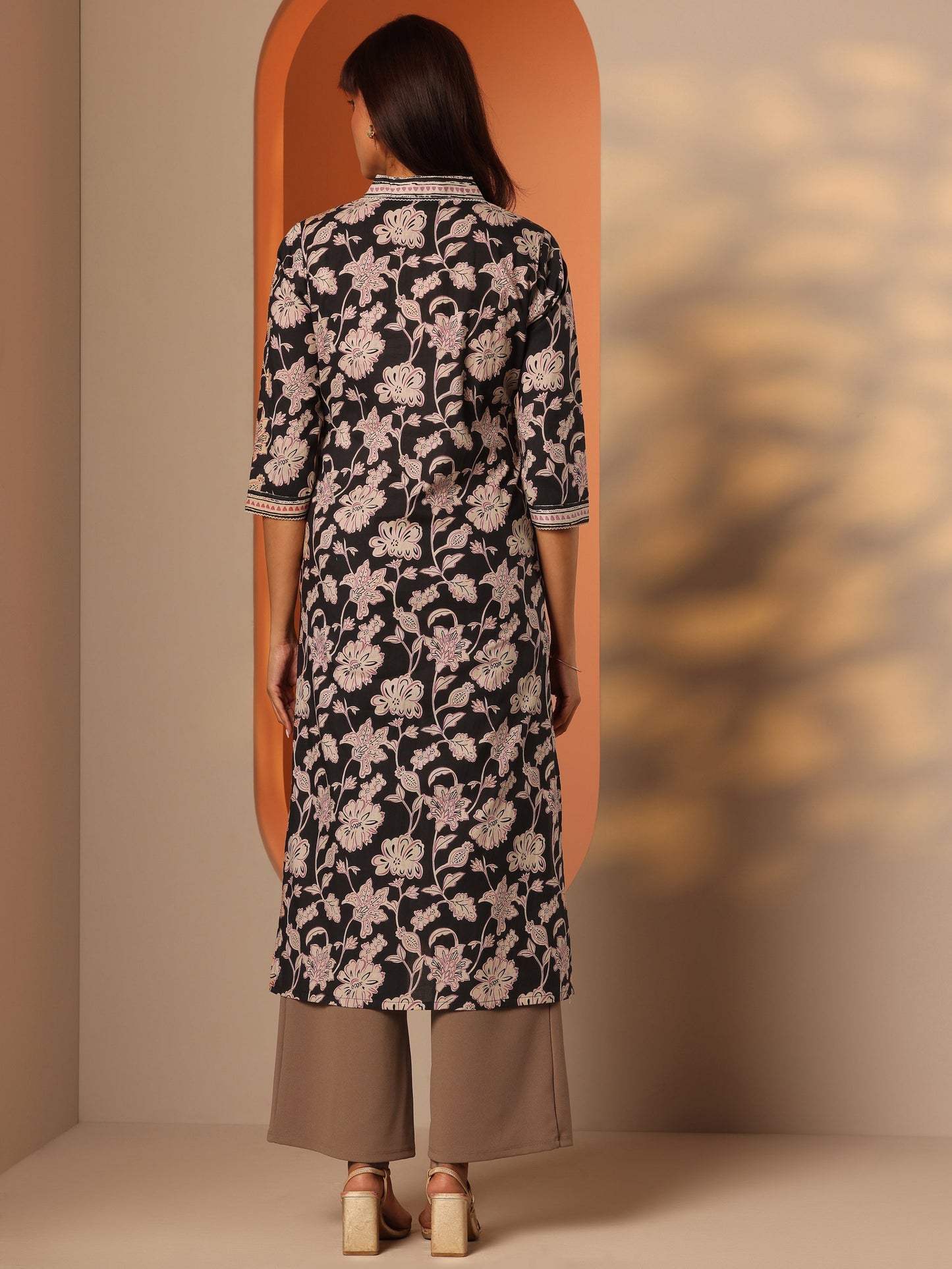 Black Printed Cotton Straight Kurta