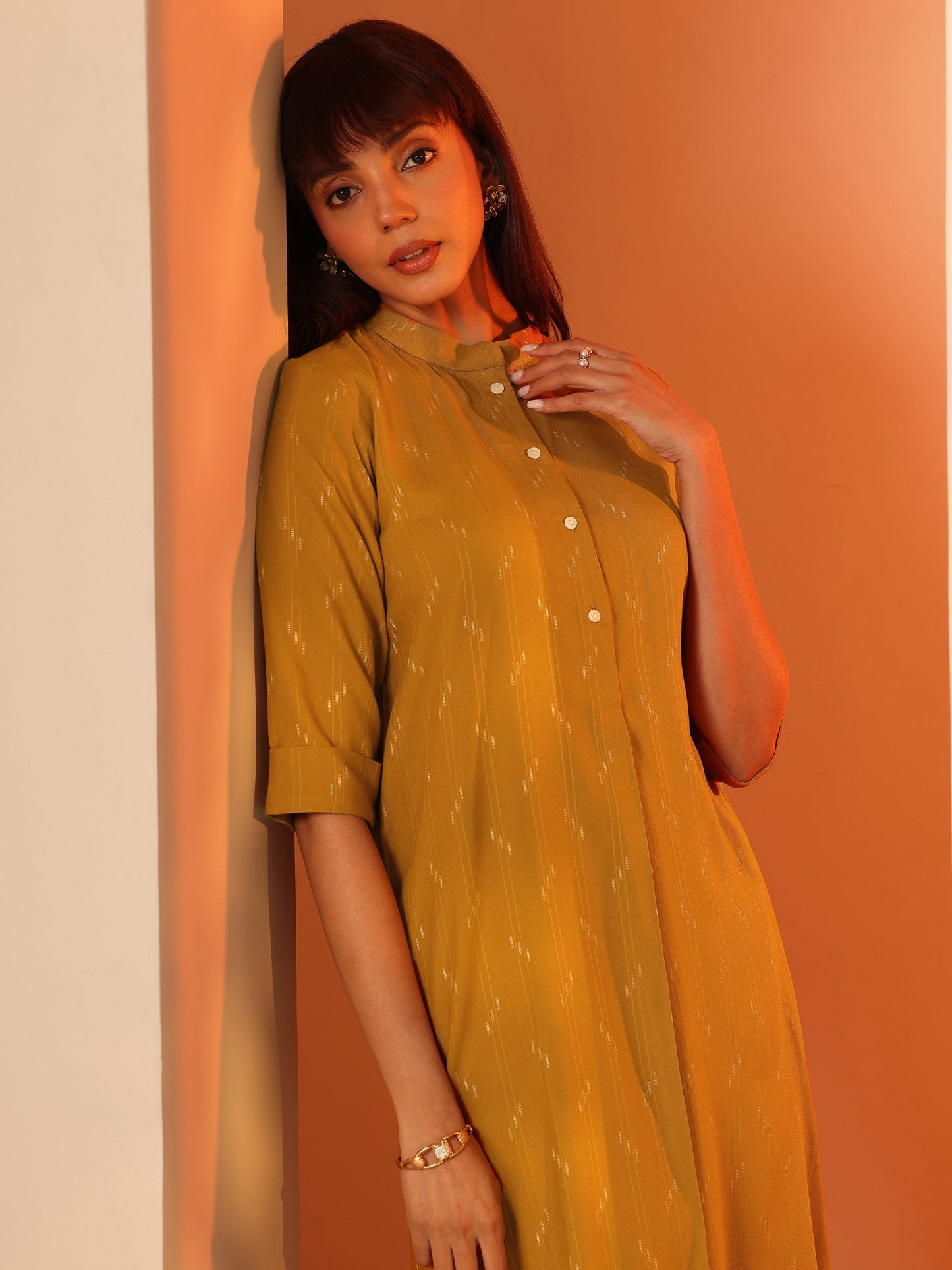 Mustard Woven Design Rayon Straight Kurta