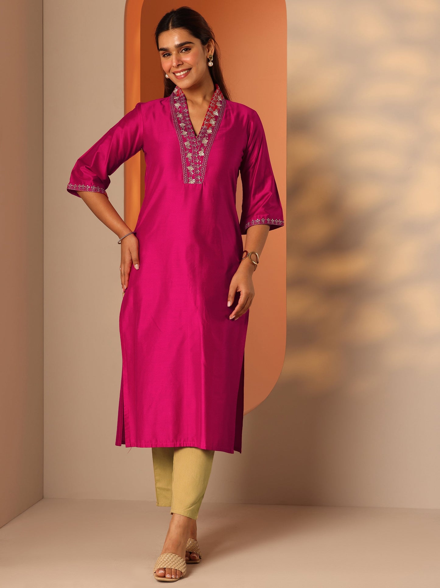 Pink Embellished Silk Blend Straight Kurta