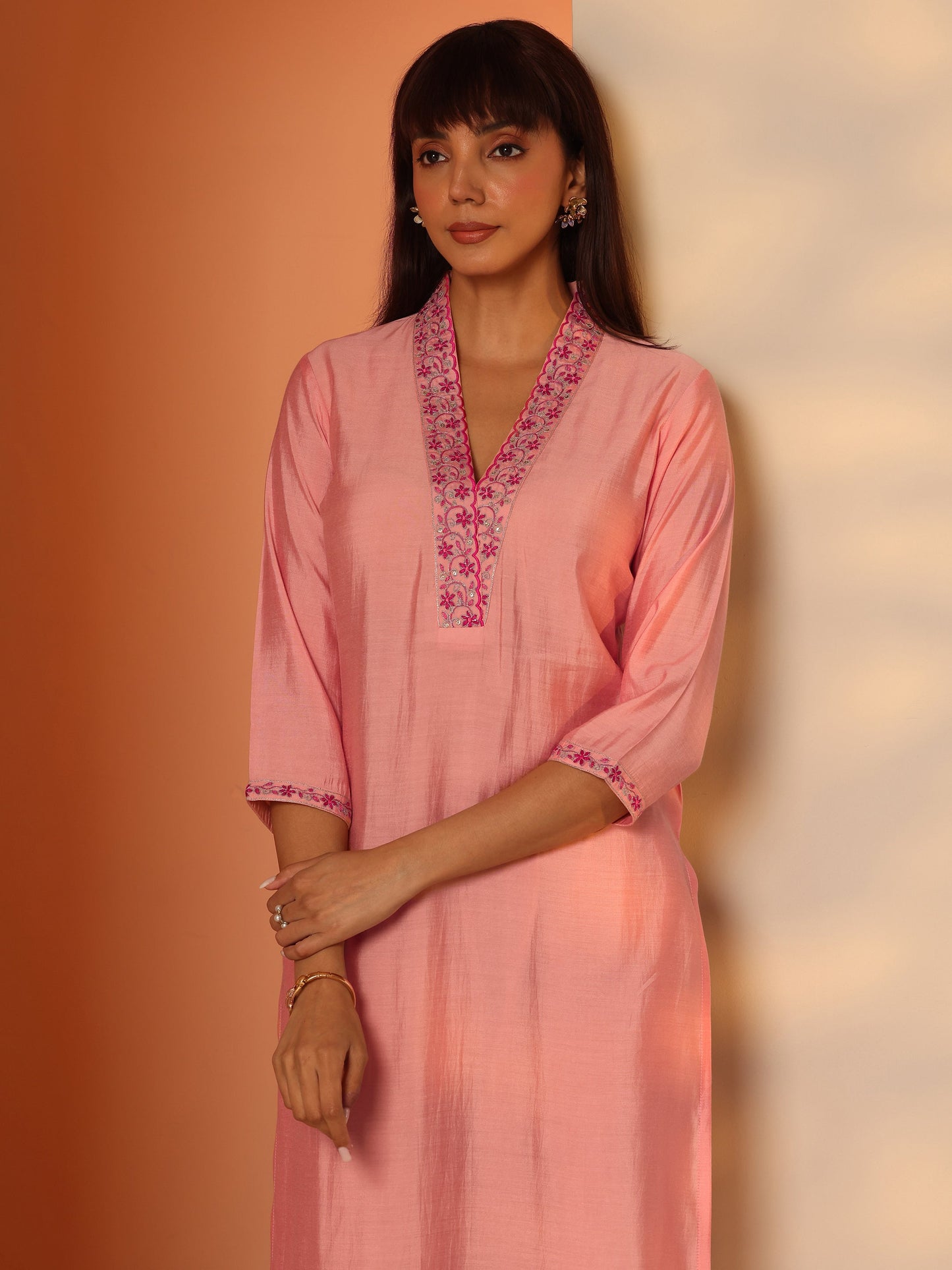 Peach Embroidered Silk Blend Straight Kurta