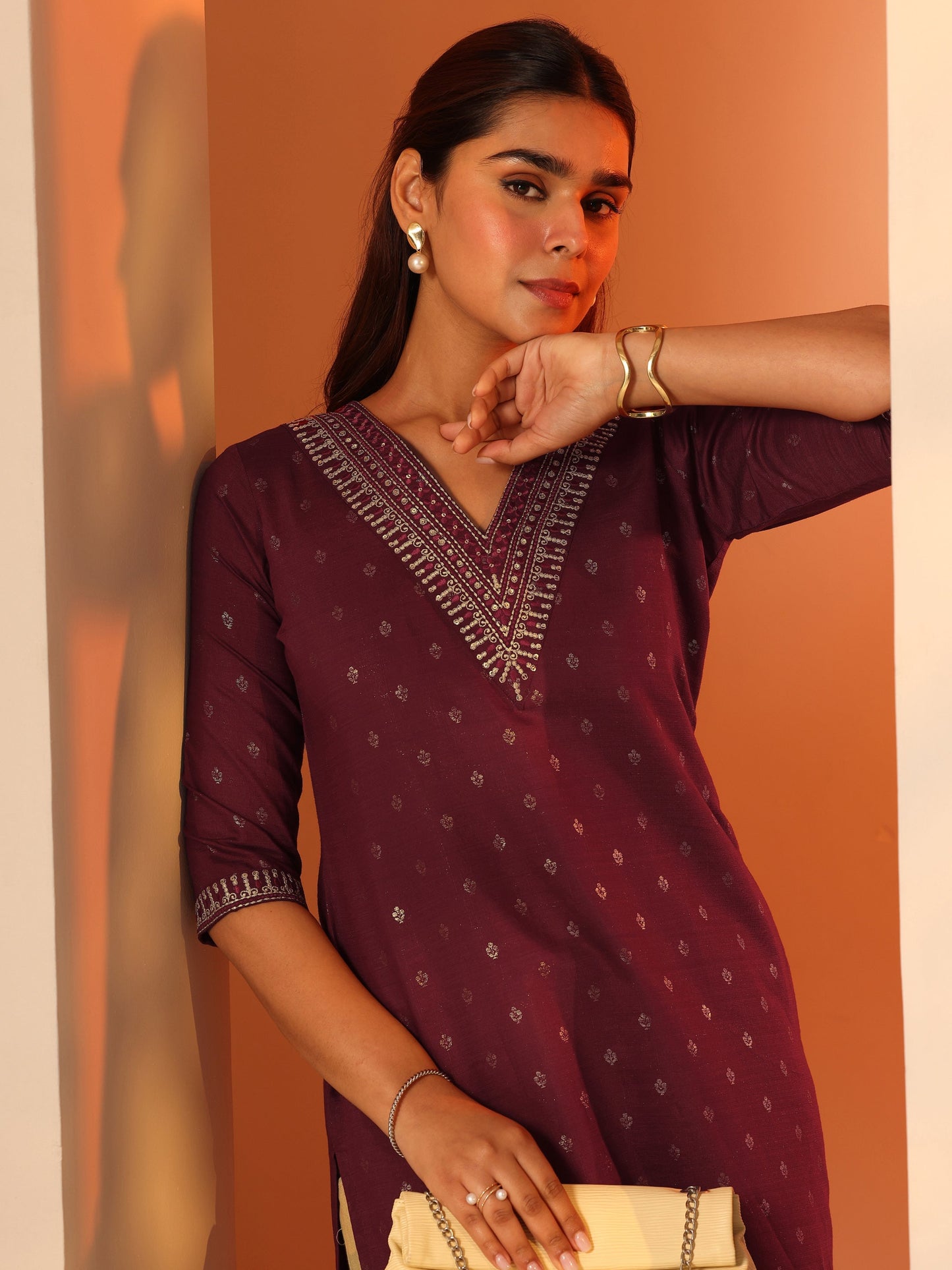 Maroon Printed Silk Blend Straight Kurta