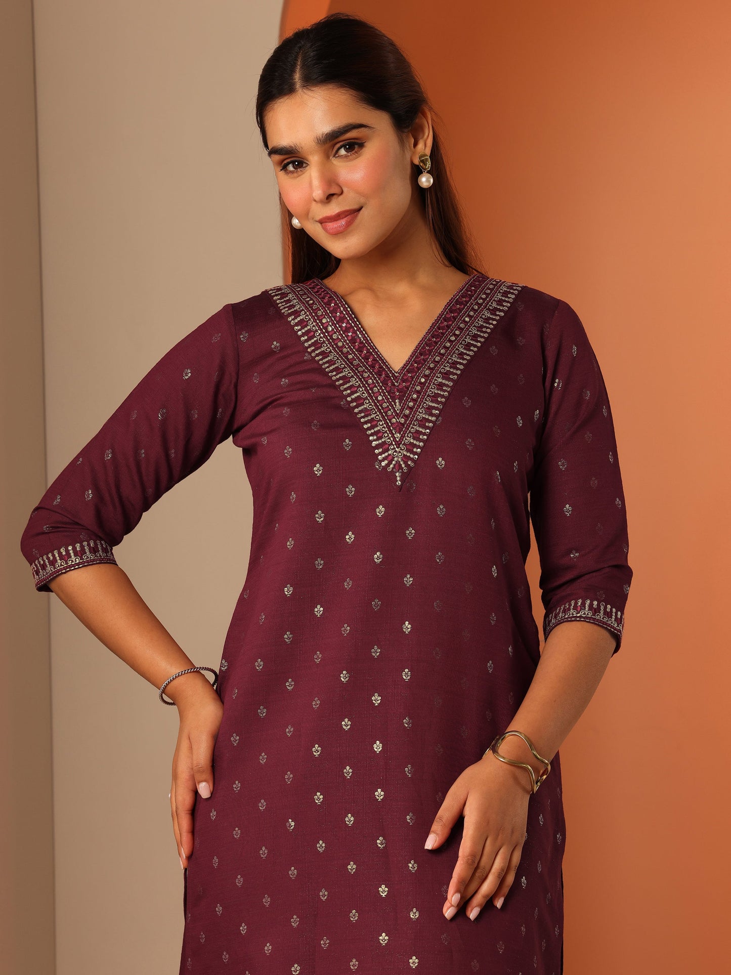 Maroon Printed Silk Blend Straight Kurta