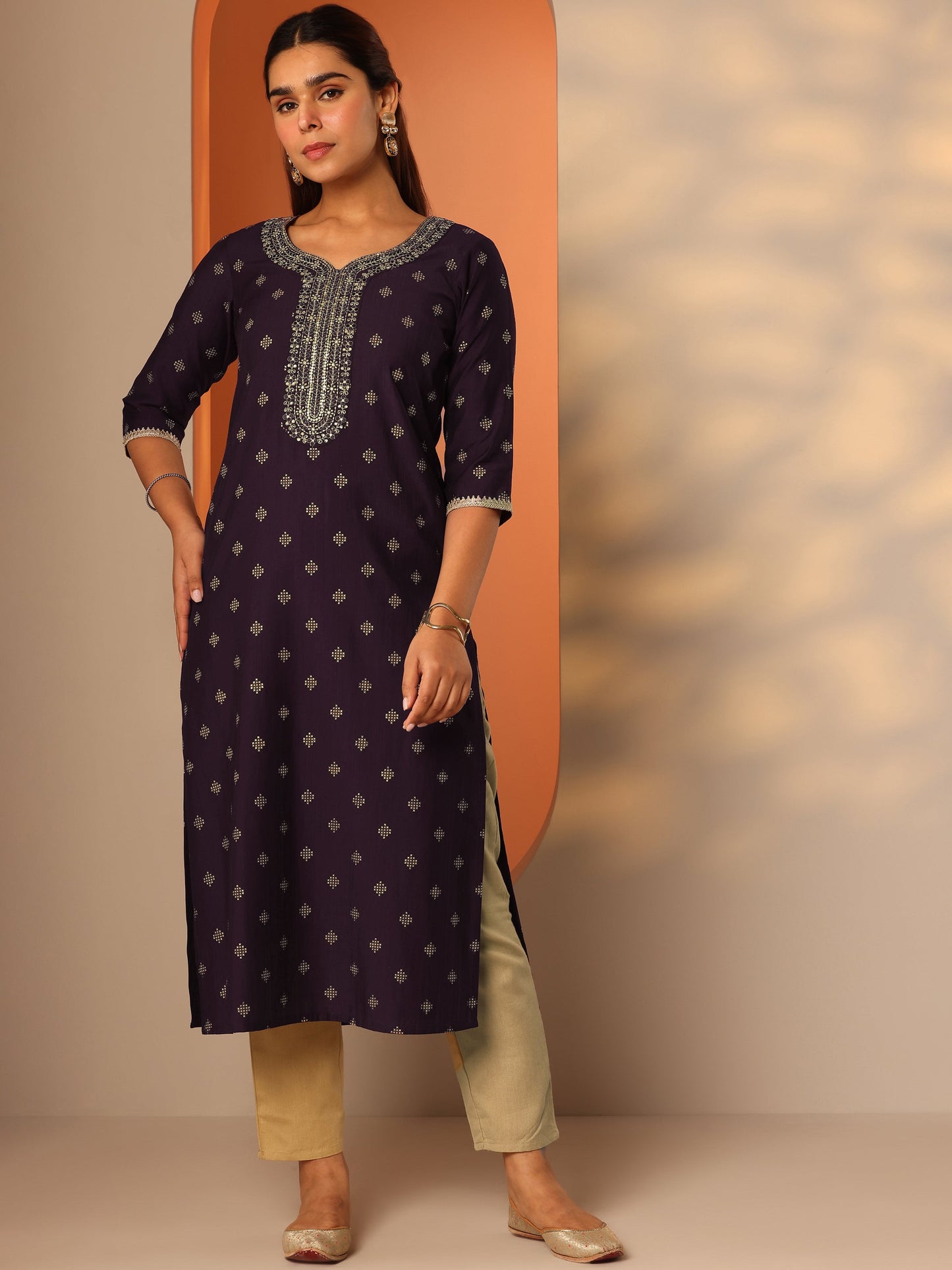 Burgundy Woven Design Silk blend Straight Kurta