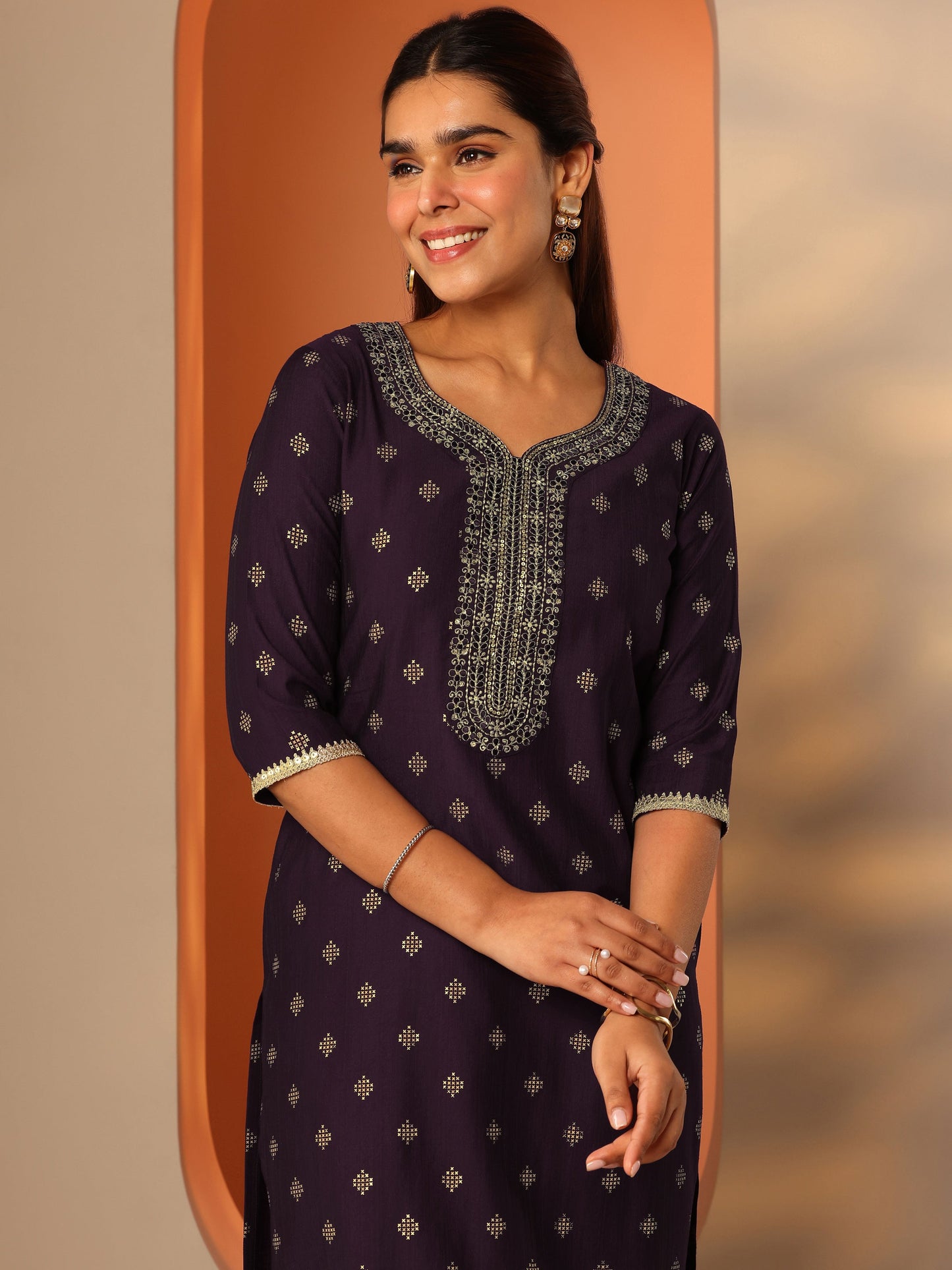 Burgundy Woven Design Silk blend Straight Kurta