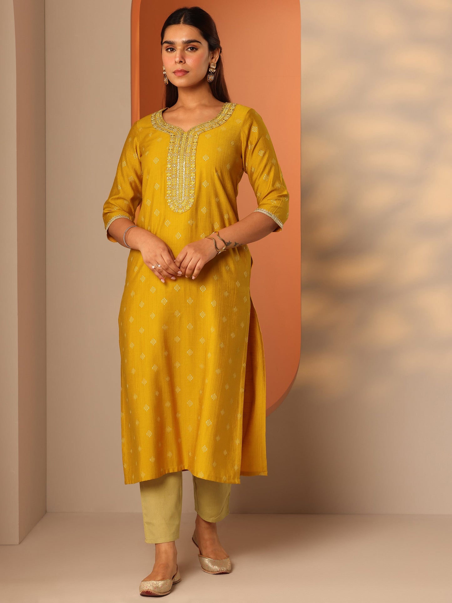 Yellow Woven Design Silk Blend Straight Kurta
