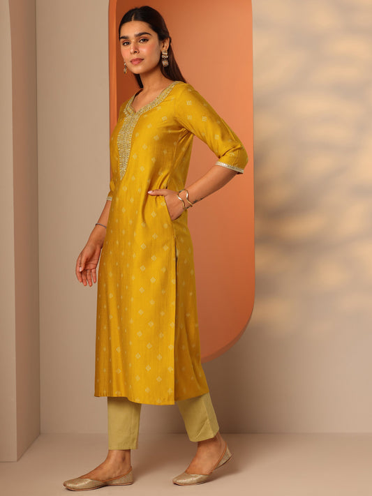 Yellow Woven Design Silk Blend Straight Kurta