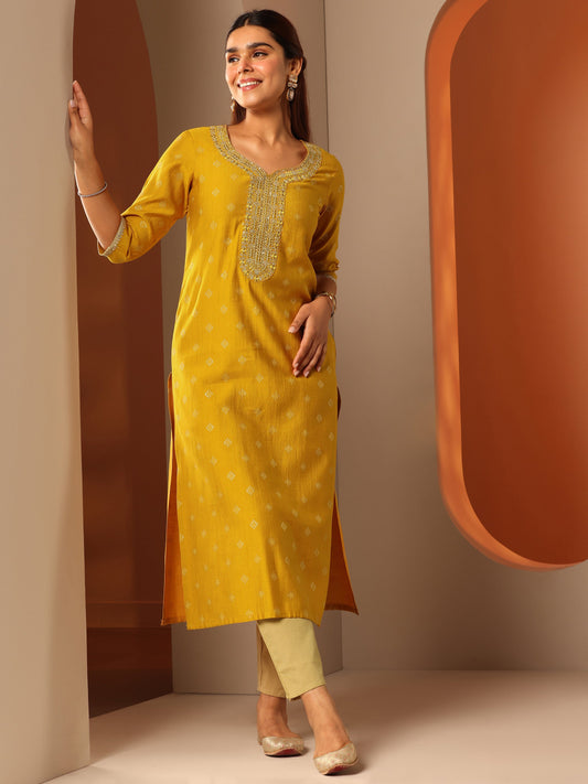 Yellow Woven Design Silk Blend Straight Kurta