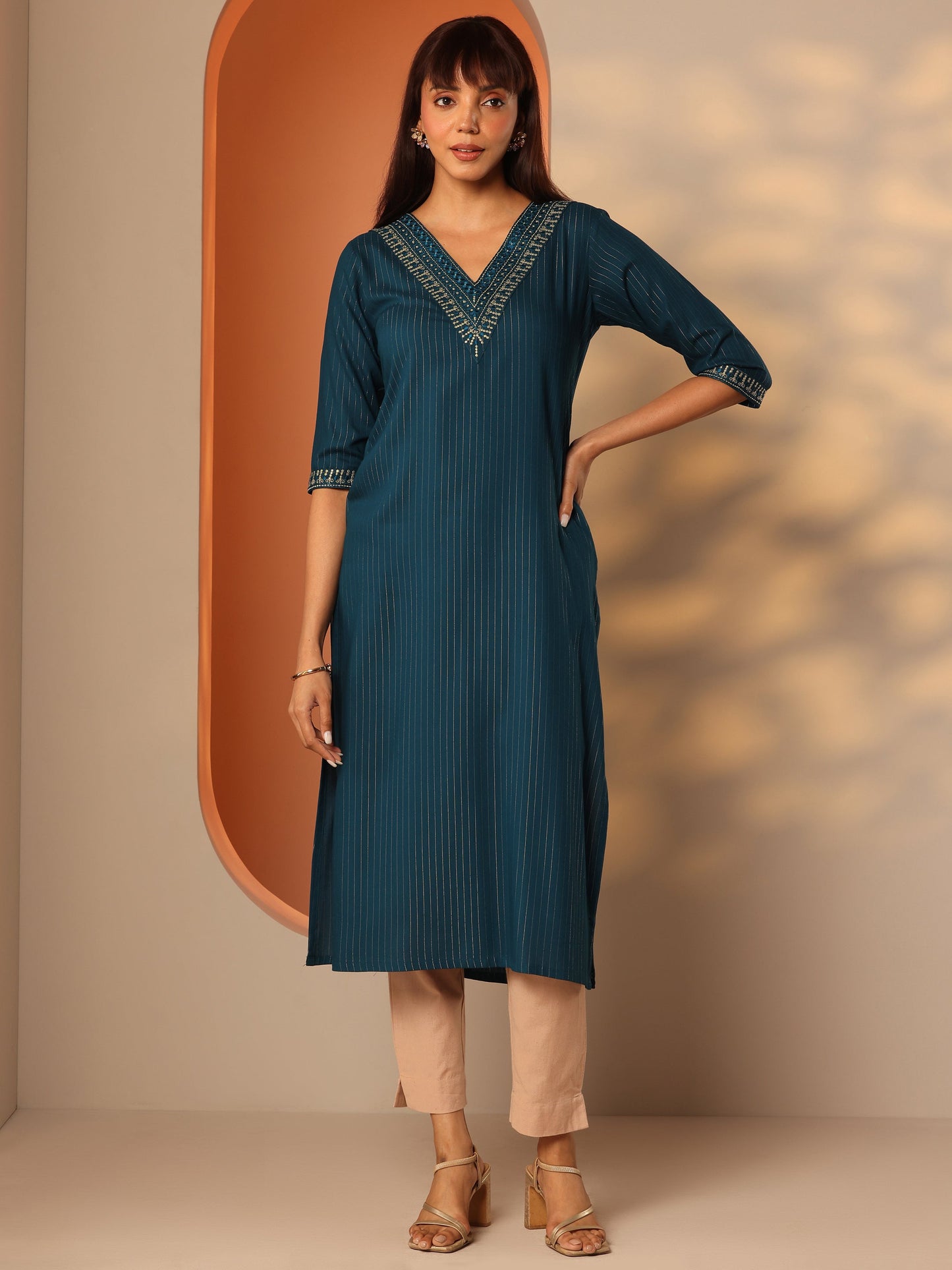 Teal Embellished Rayon Straight Kurta
