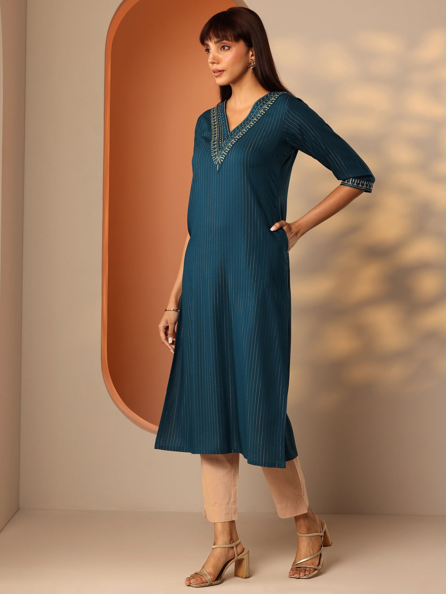 Teal Embellished Rayon Straight Kurta