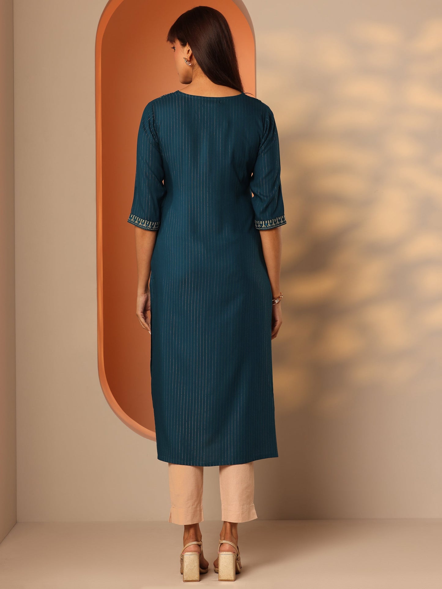 Teal Embellished Rayon Straight Kurta