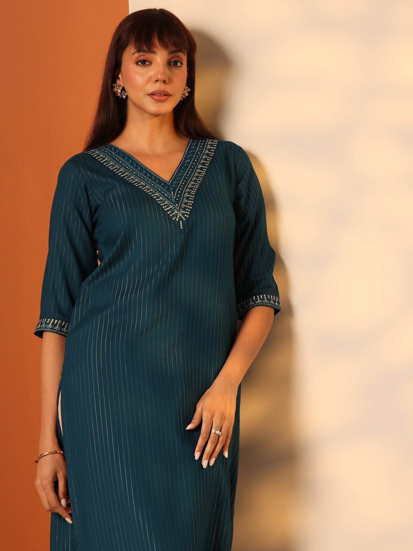 Teal Embellished Rayon Straight Kurta