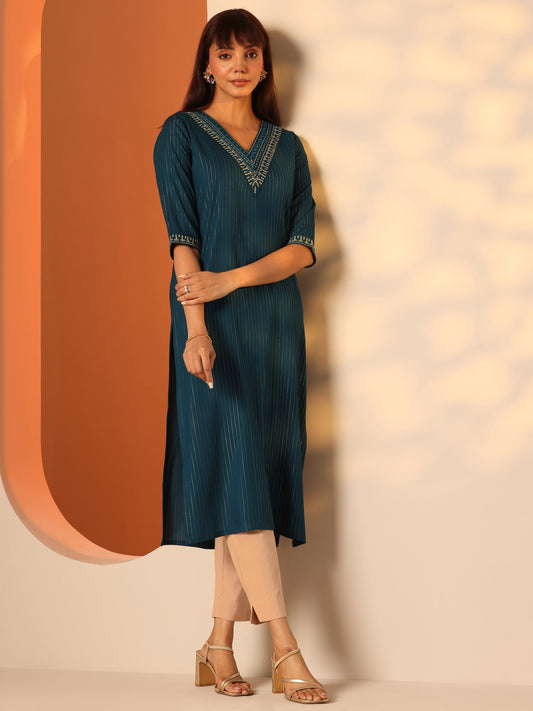 Teal Embellished Rayon Straight Kurta