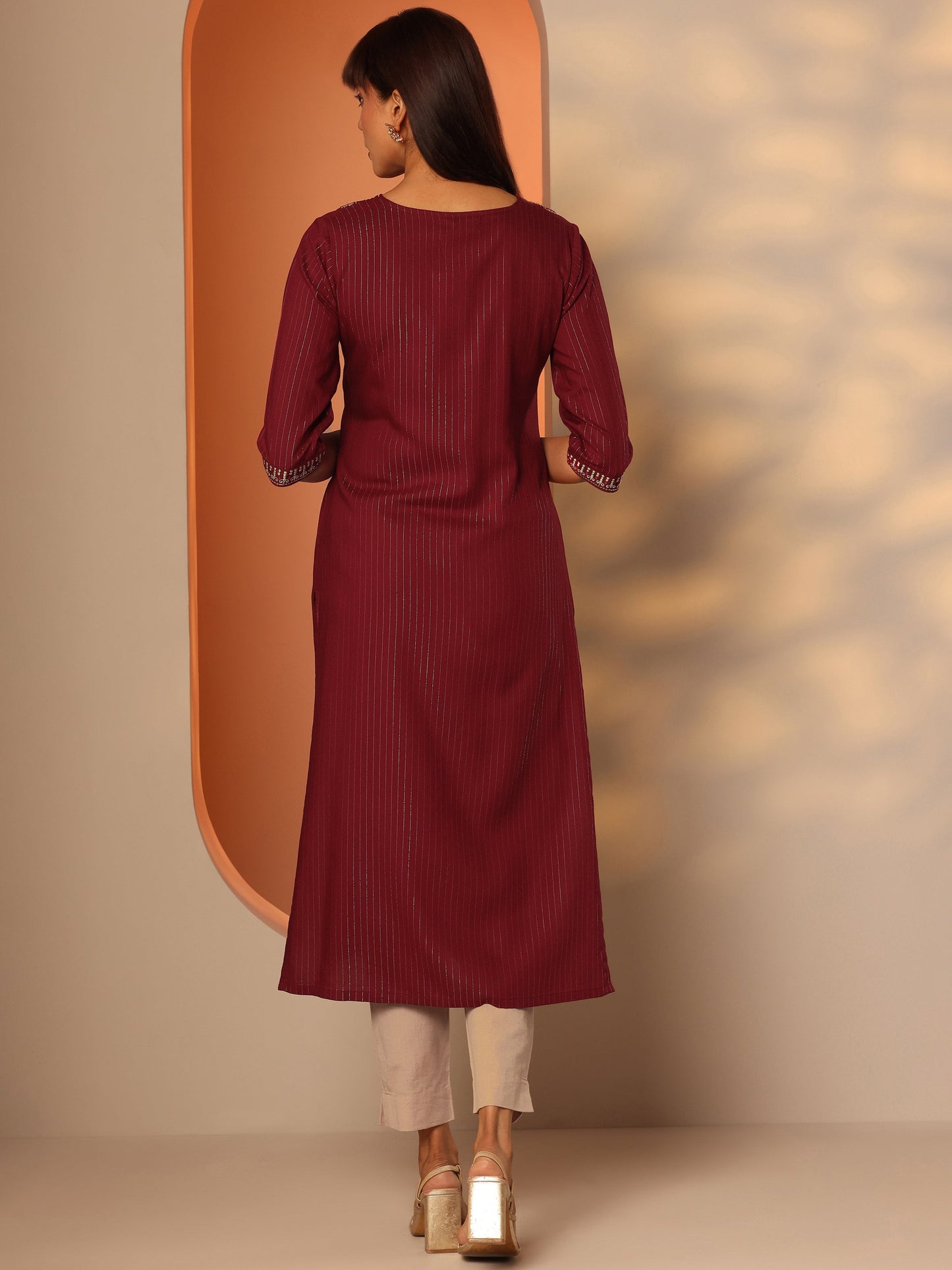 Red Embellished Rayon Straight Kurta