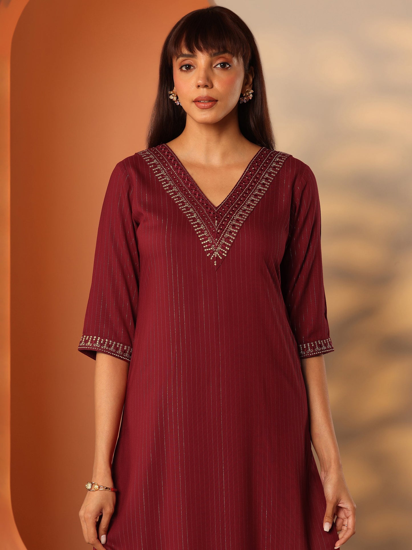 Red Embellished Rayon Straight Kurta