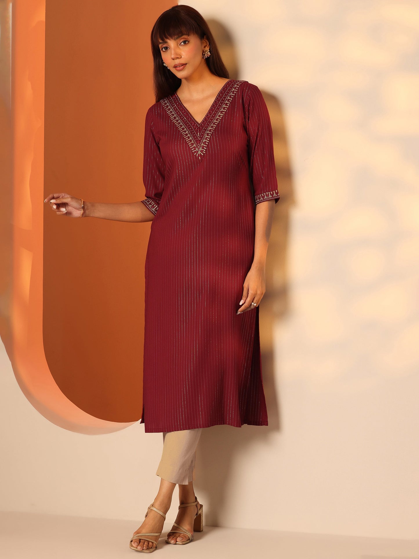 Red Embellished Rayon Straight Kurta