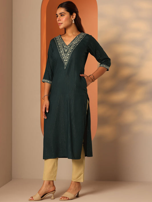 Green Embellished Rayon Straight Kurta