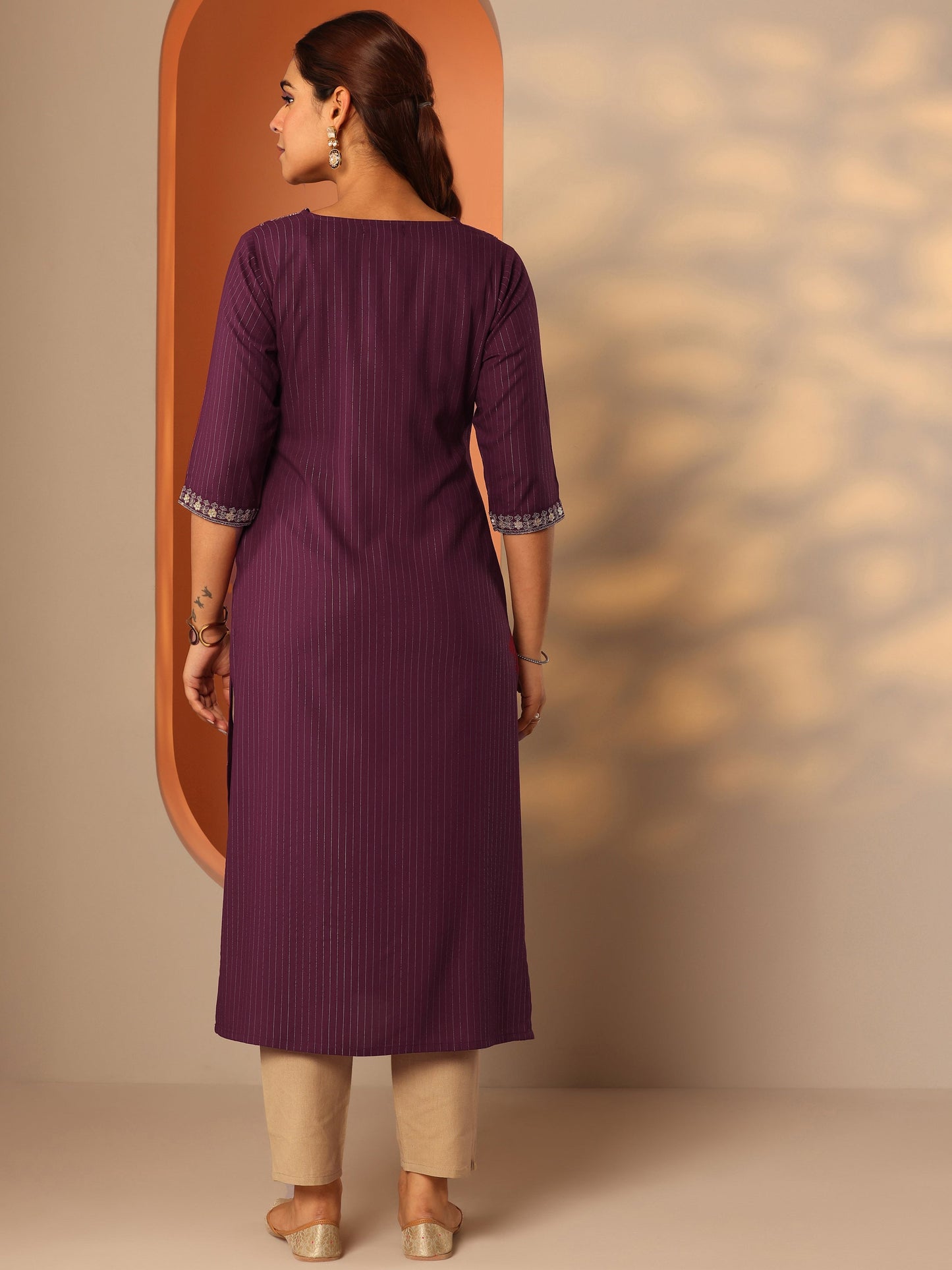 Burgundy Embellished Rayon Straight Kurta