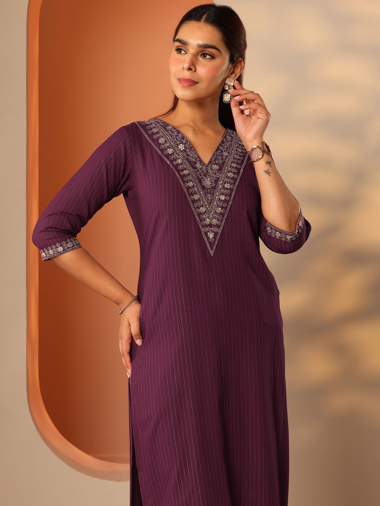 Burgundy Embellished Rayon Straight Kurta
