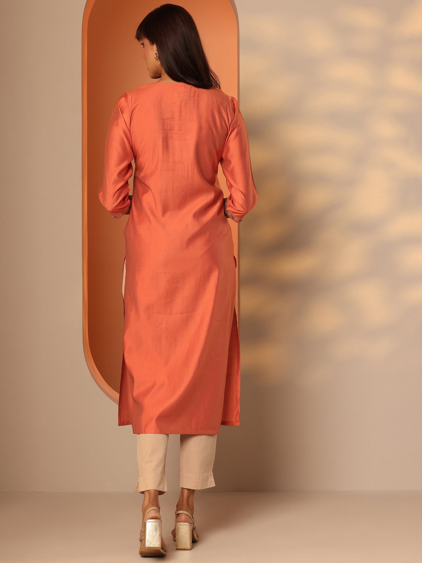 Orange Embroidered Silk Blend Straight Kurta