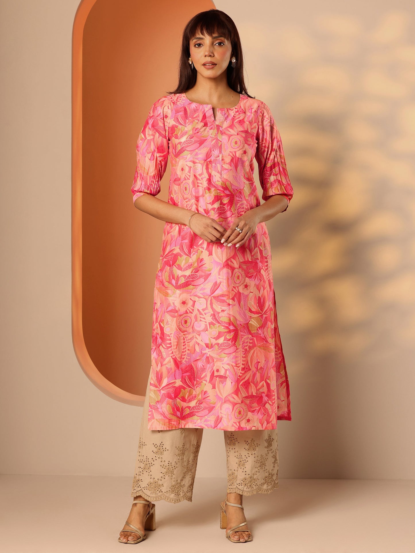 Peach Printed Silk Blend Straight Kurta