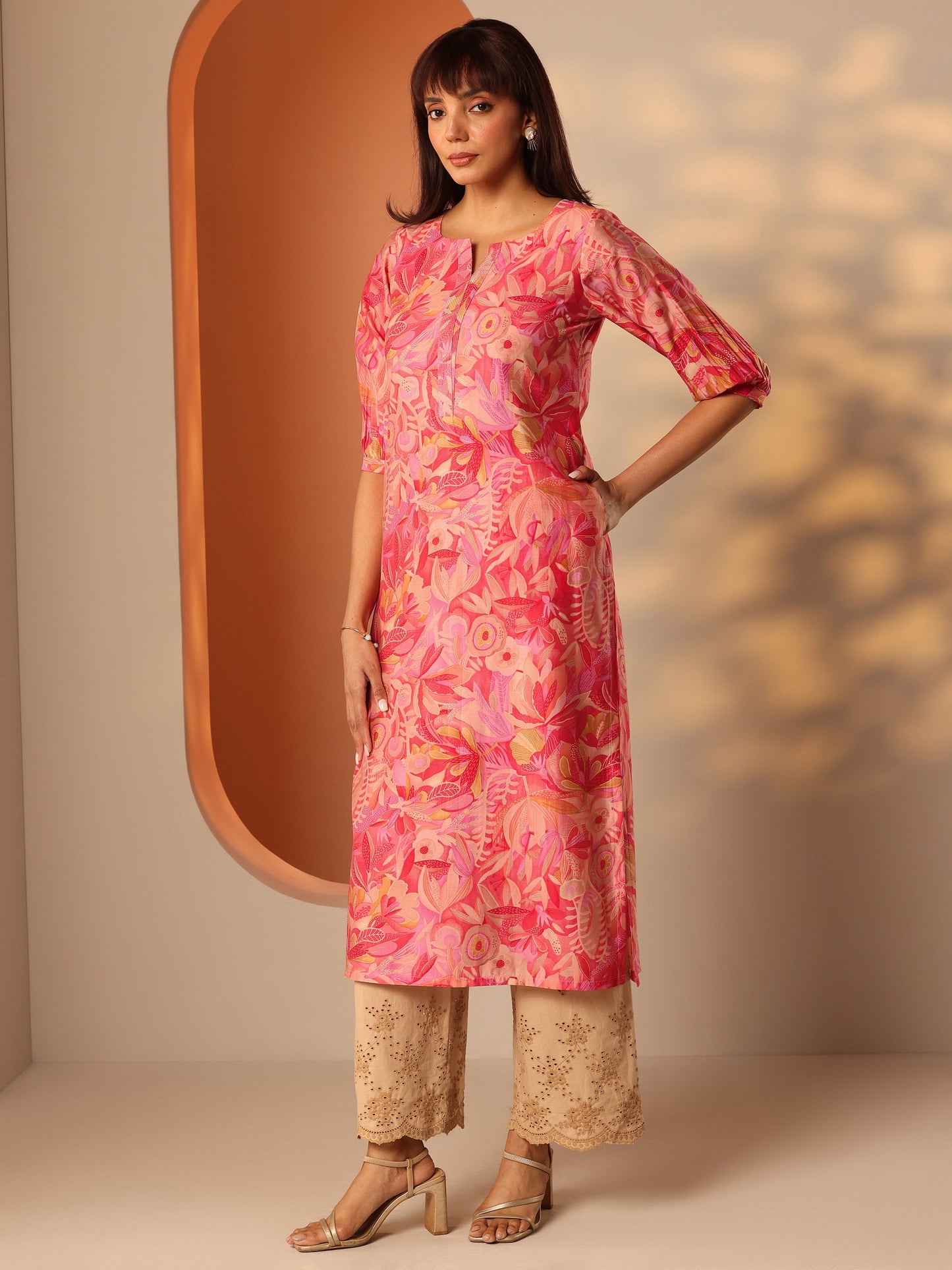 Peach Printed Silk Blend Straight Kurta