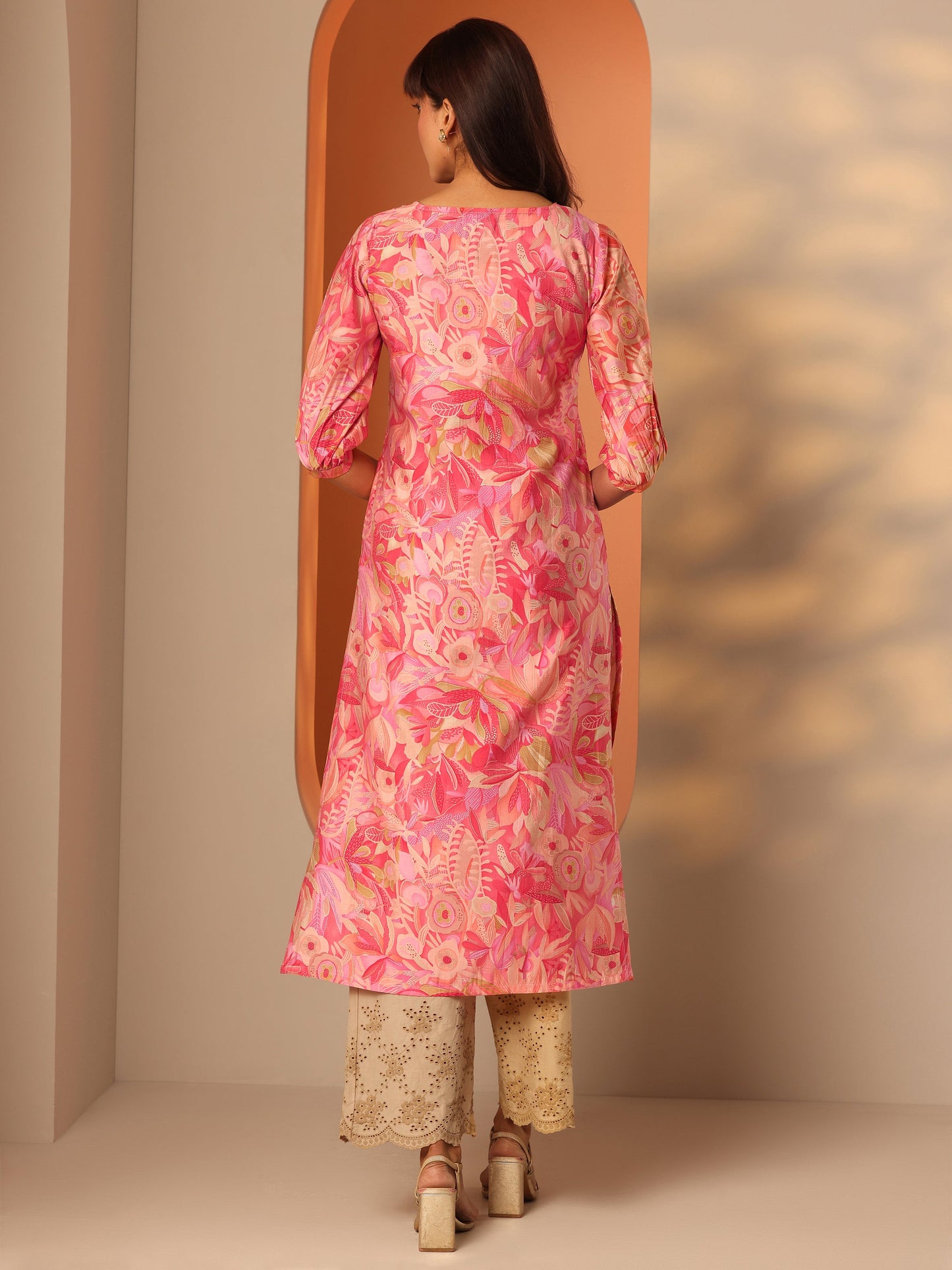 Peach Printed Silk Blend Straight Kurta