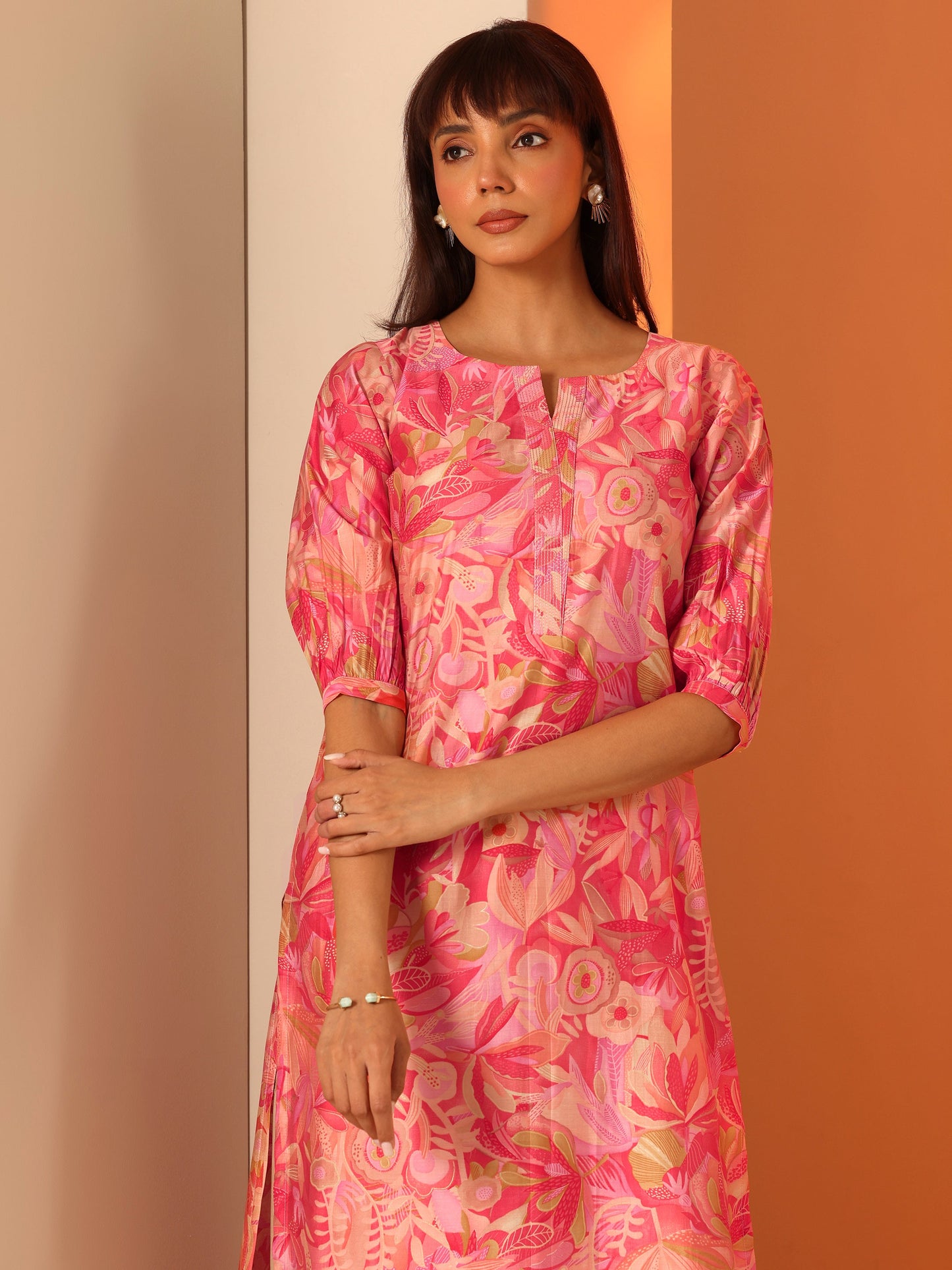 Peach Printed Silk Blend Straight Kurta