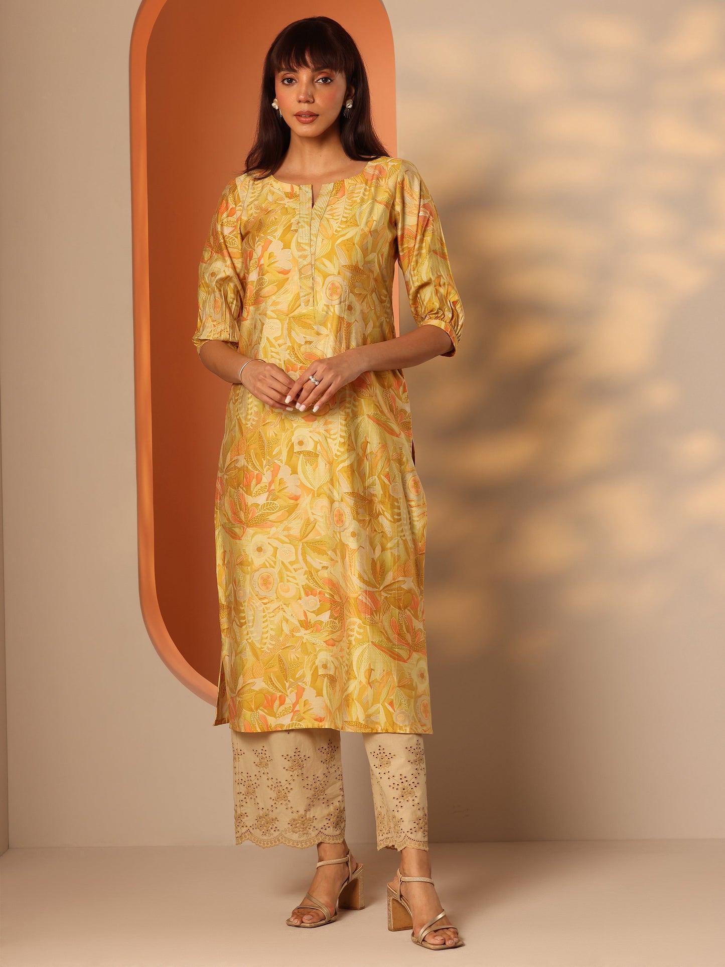 Mustard Printed Silk Blend Straight Kurta