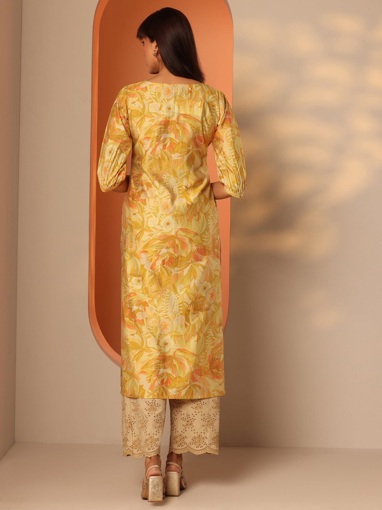 Mustard Printed Silk Blend Straight Kurta