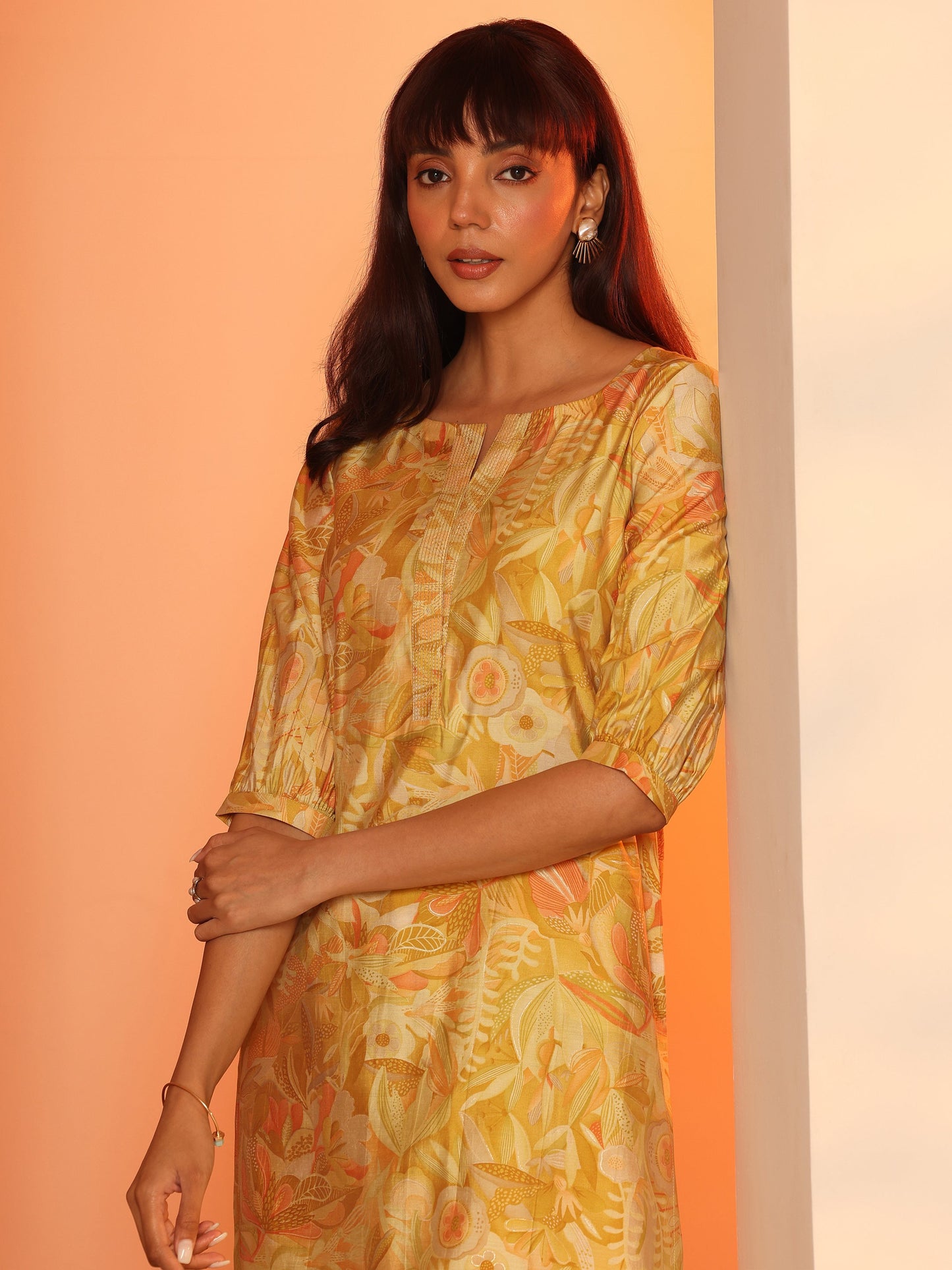 Mustard Printed Silk Blend Straight Kurta