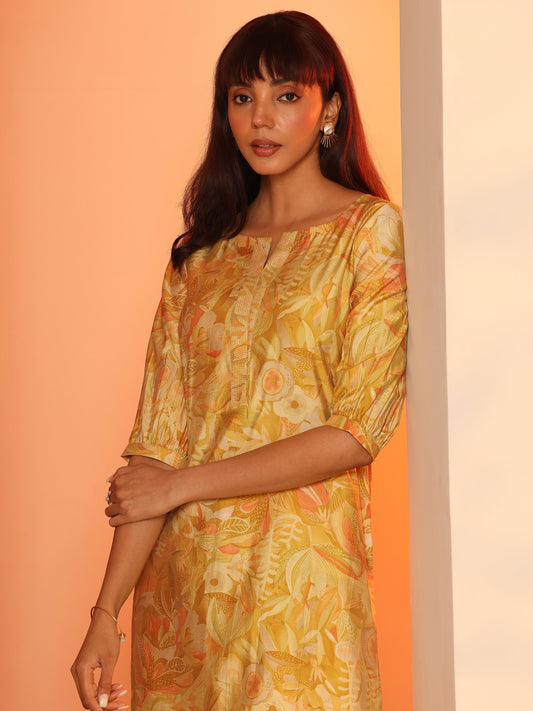 Mustard Printed Silk Blend Straight Kurta