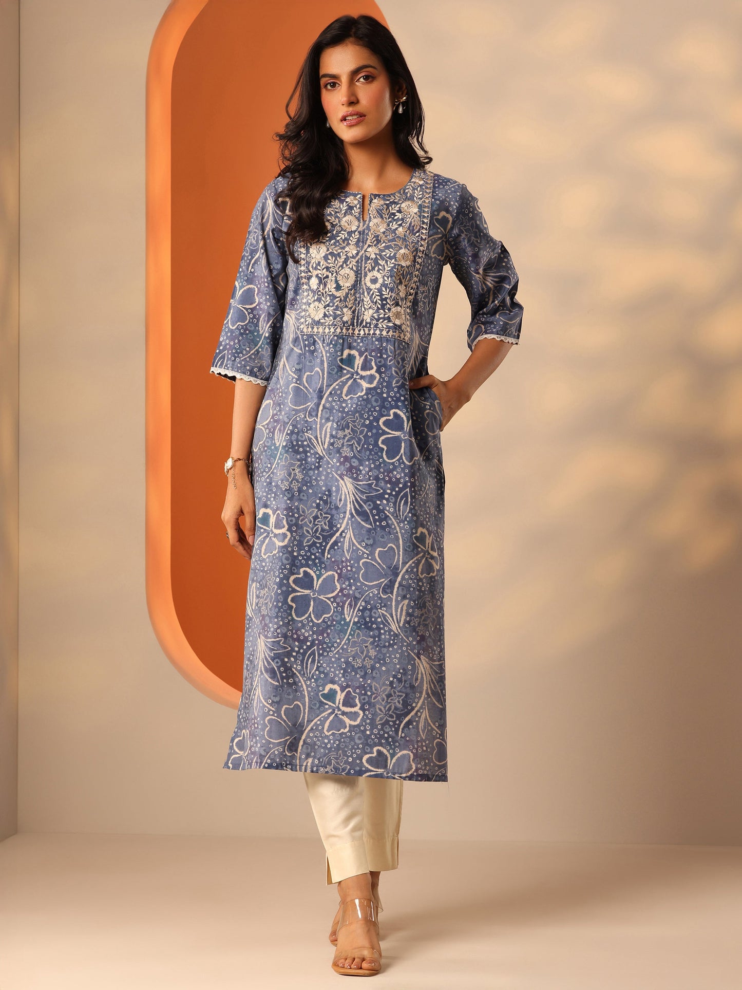 Blue Printed Silk Blend Straight Kurta