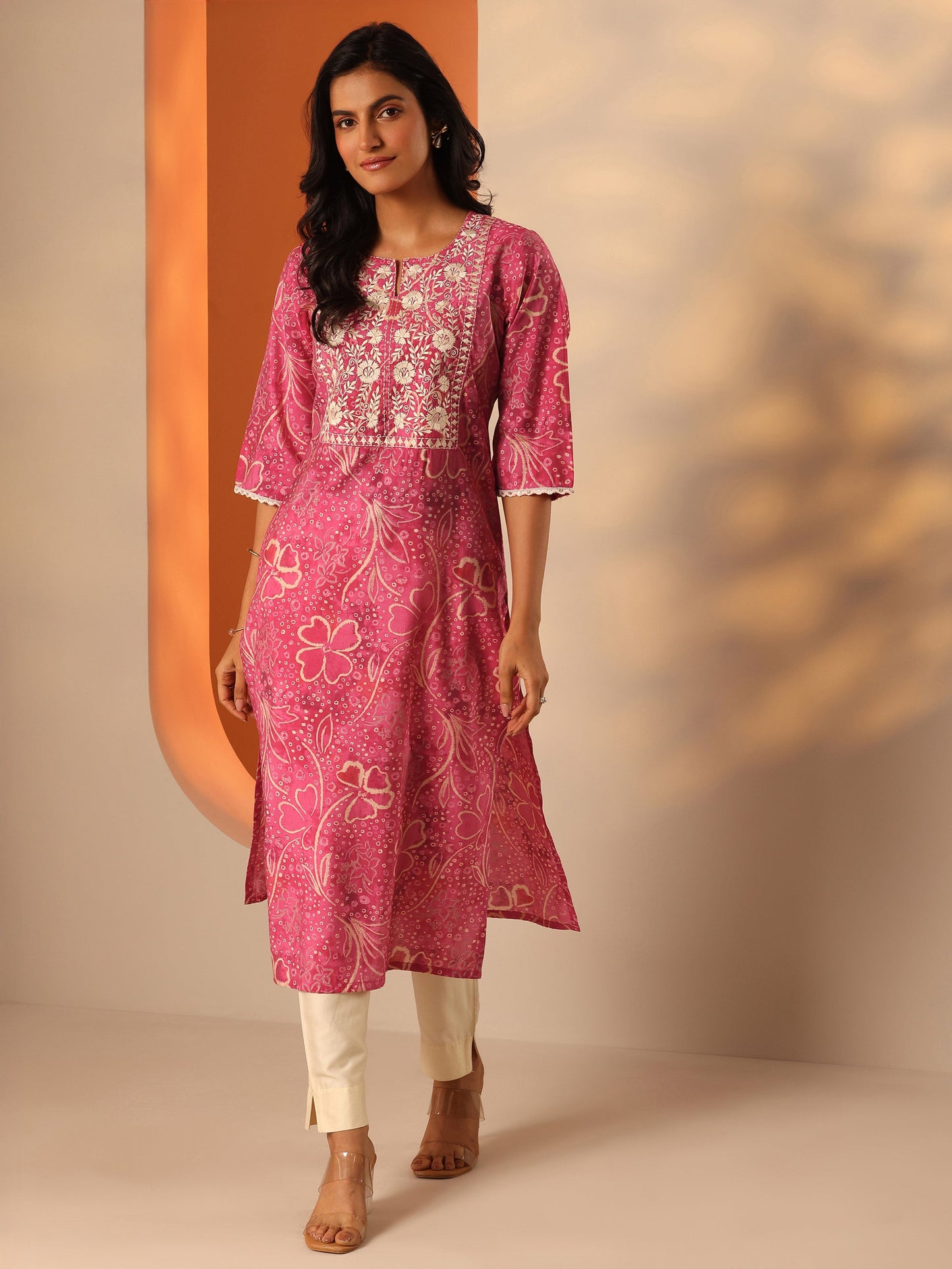 Pink Printed Silk Blend Straight Kurta