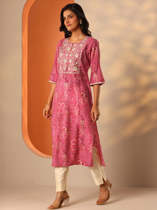 Pink Printed Silk Blend Straight Kurta