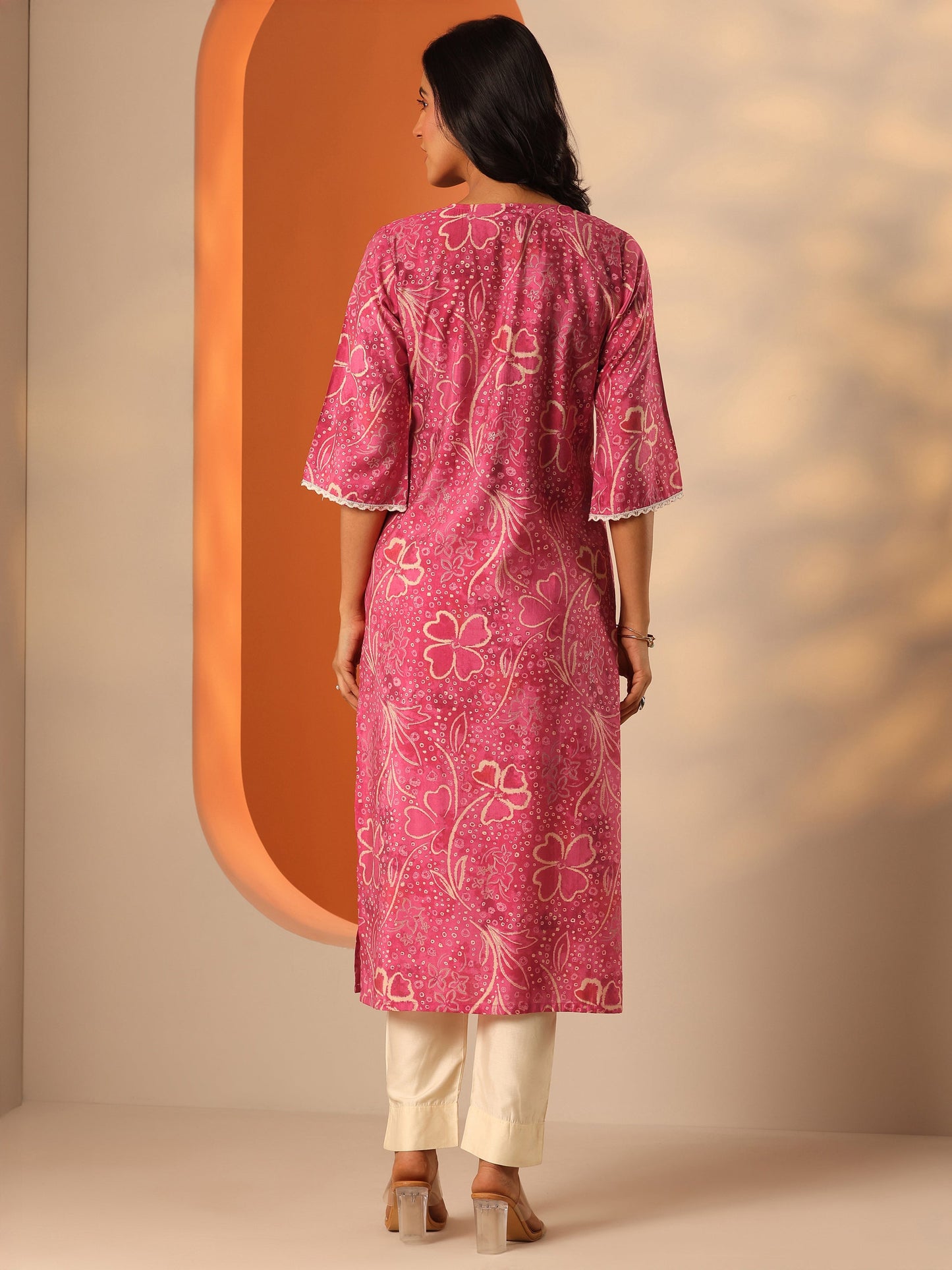 Pink Printed Silk Blend Straight Kurta