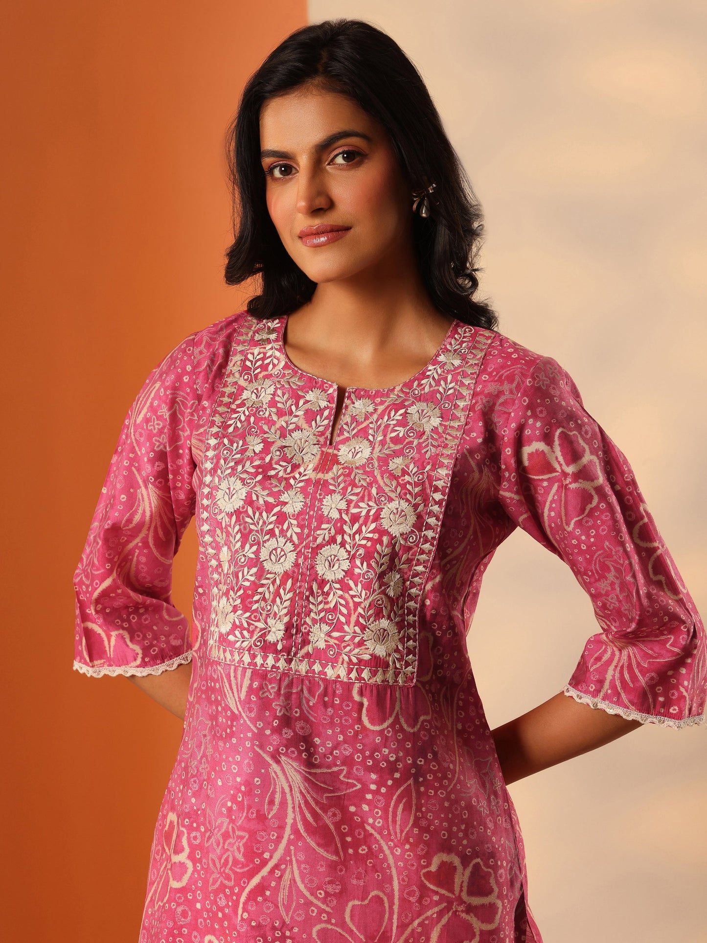 Pink Printed Silk Blend Straight Kurta