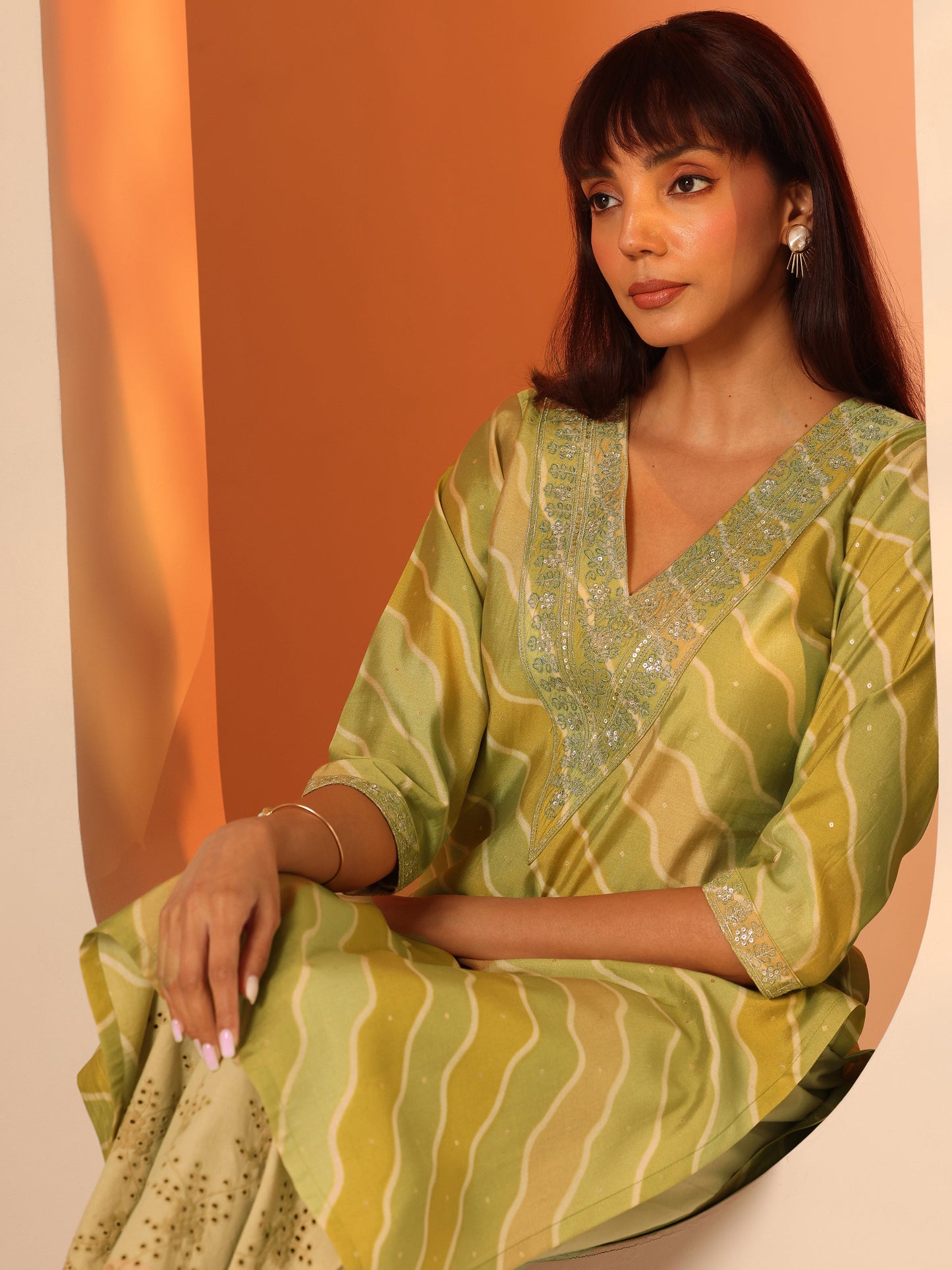 Green Printed Silk Blend Straight Kurta