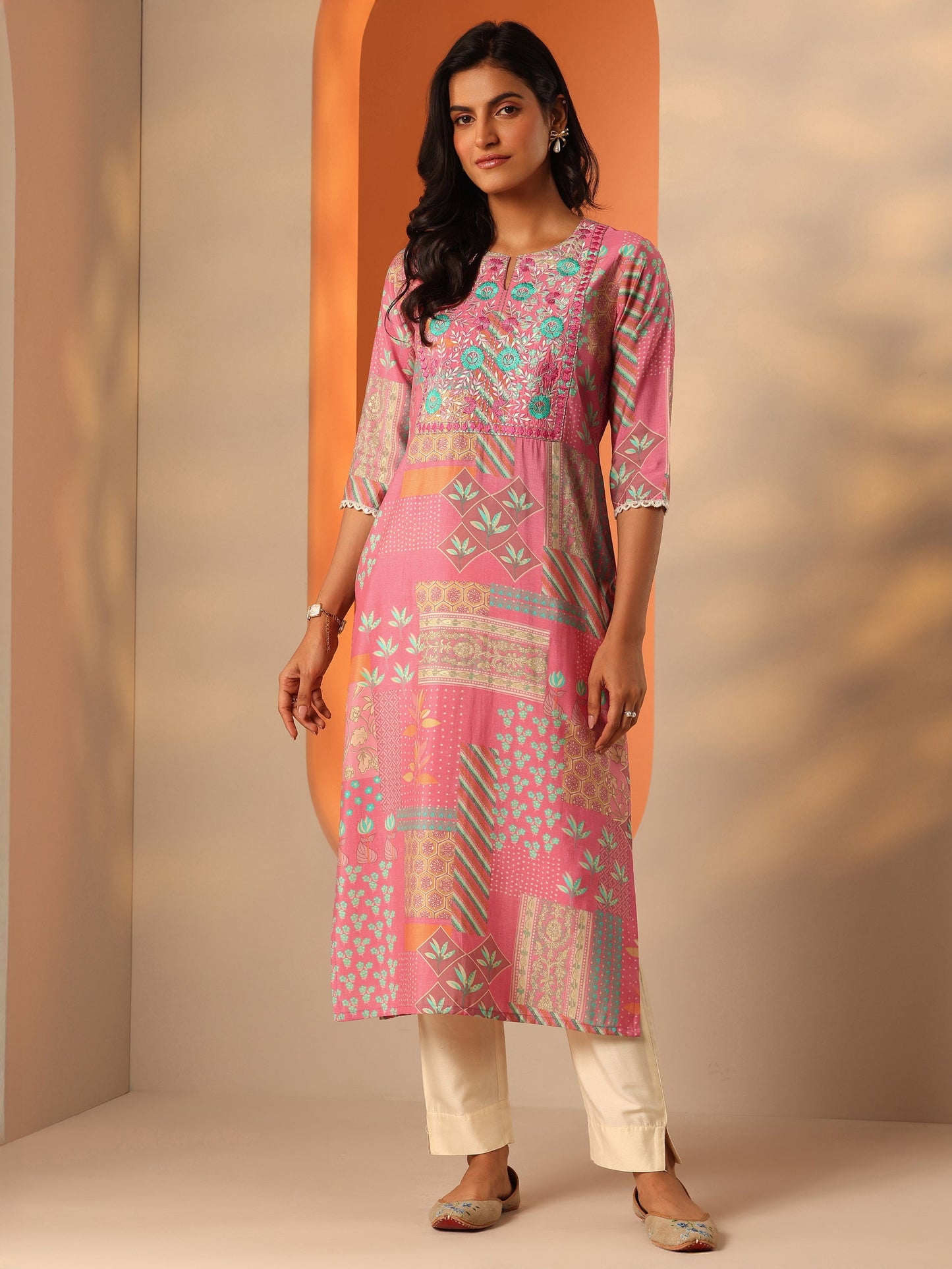 Pink Printed Silk Blend Straight Kurta