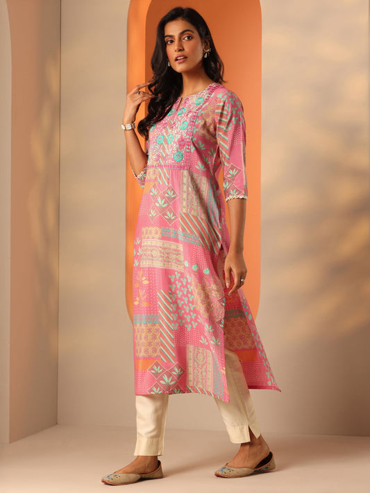 Pink Printed Silk Blend Straight Kurta