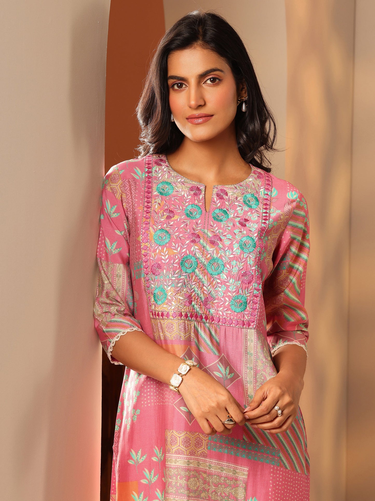 Pink Printed Silk Blend Straight Kurta