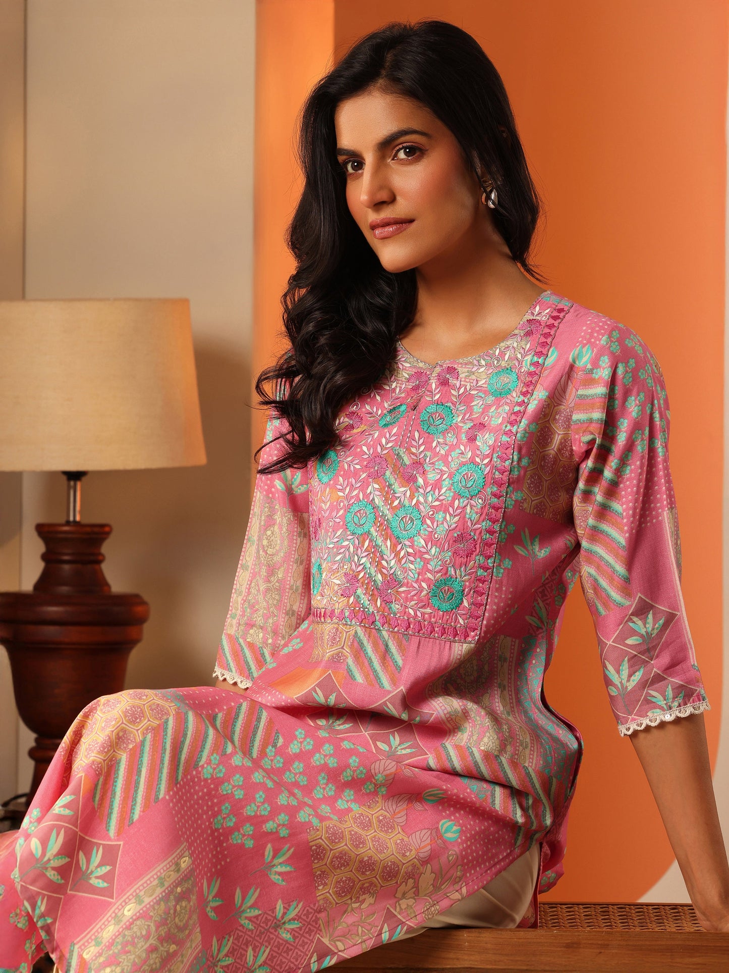 Pink Printed Silk Blend Straight Kurta