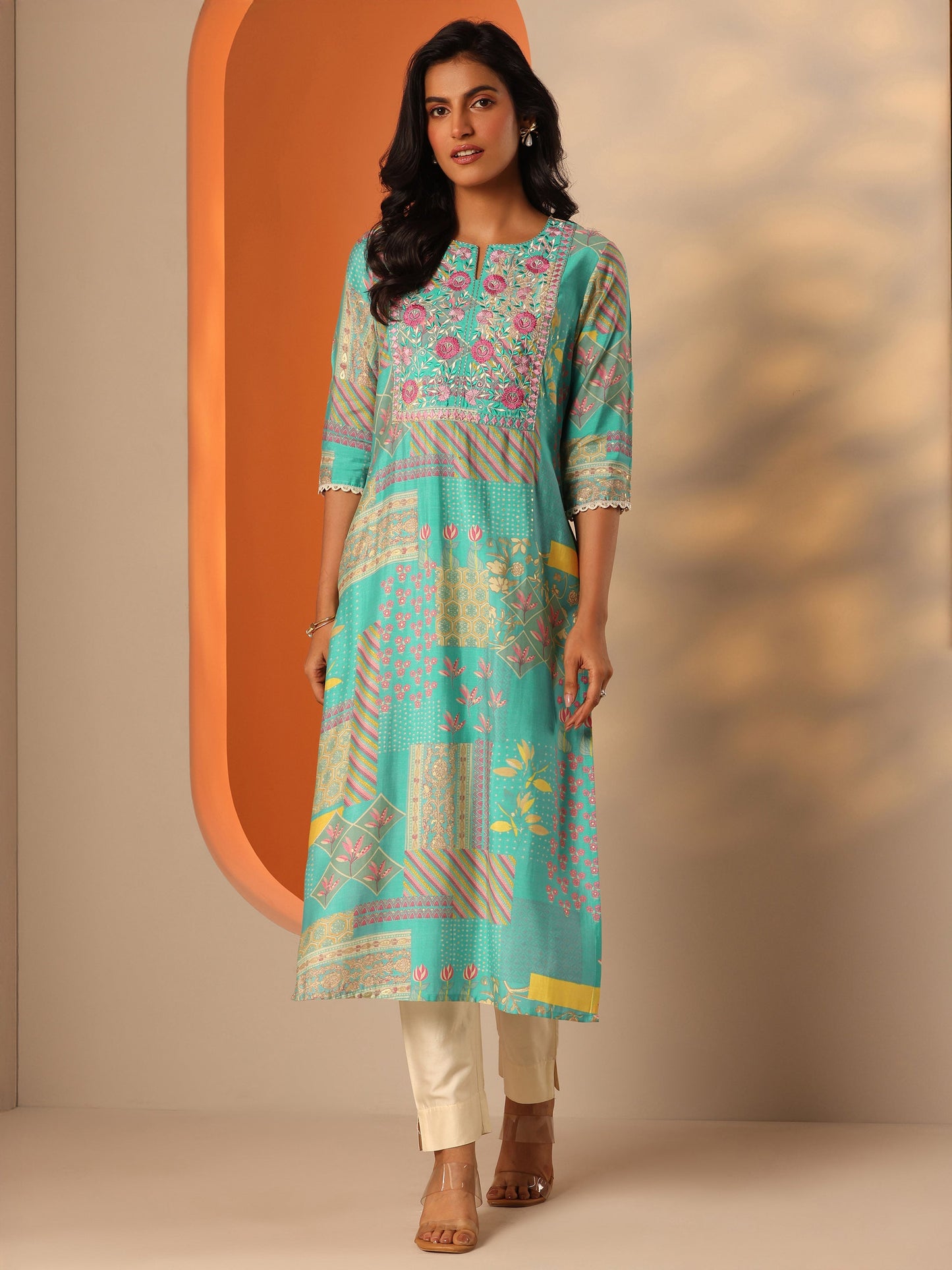 Blue Printed Silk Blend Straight Kurta