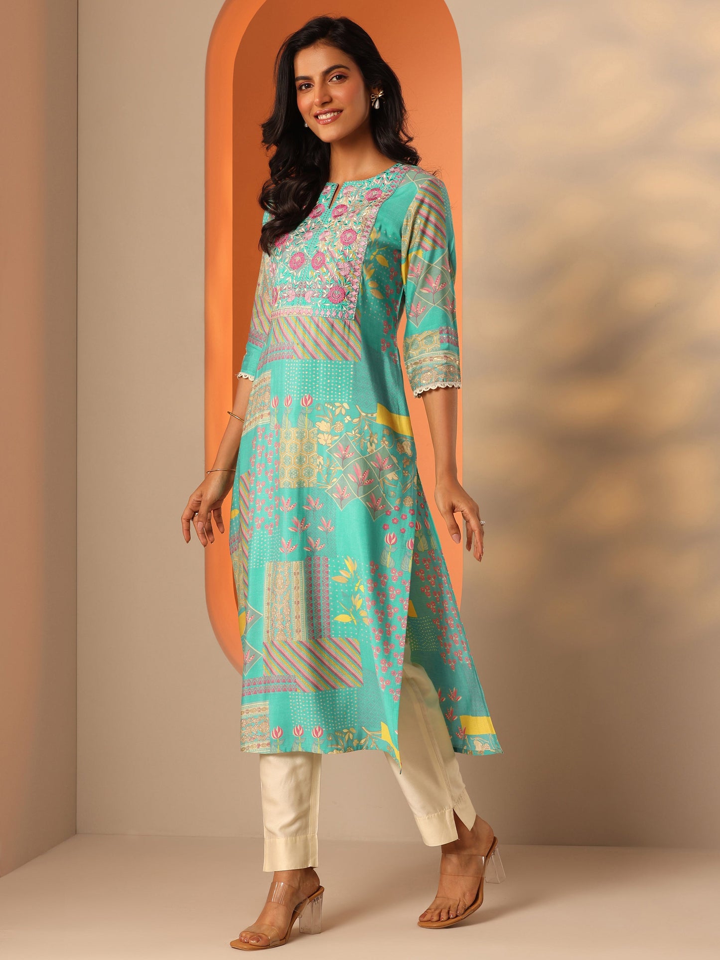 Blue Printed Silk Blend Straight Kurta