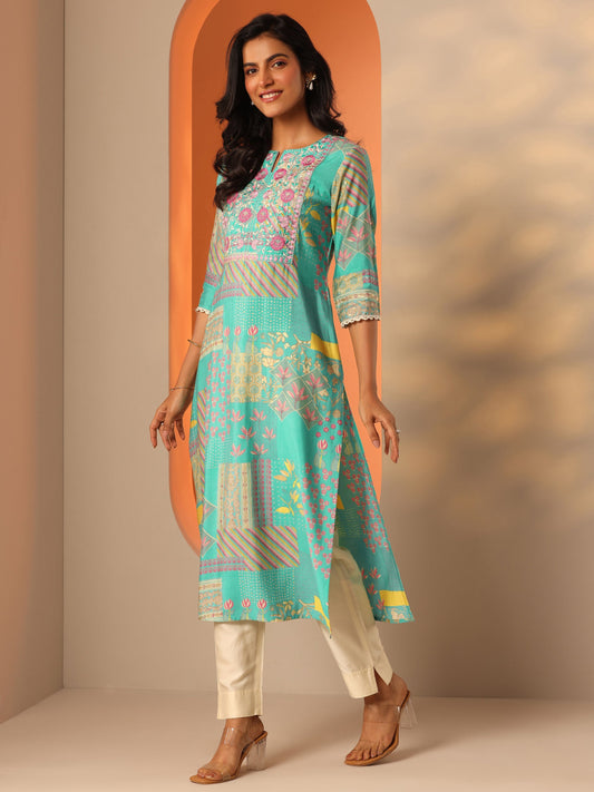 Blue Printed Silk Blend Straight Kurta
