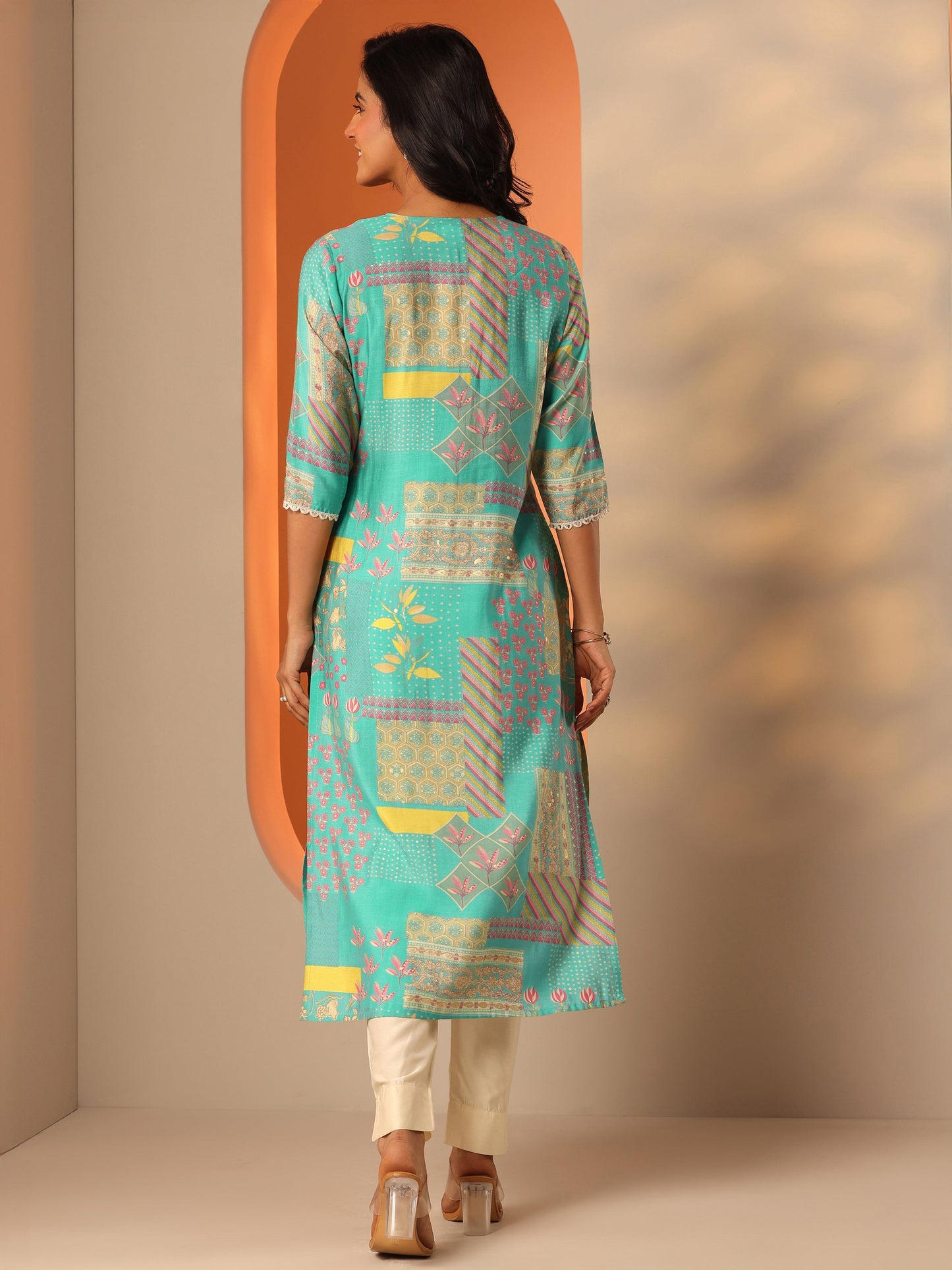 Blue Printed Silk Blend Straight Kurta