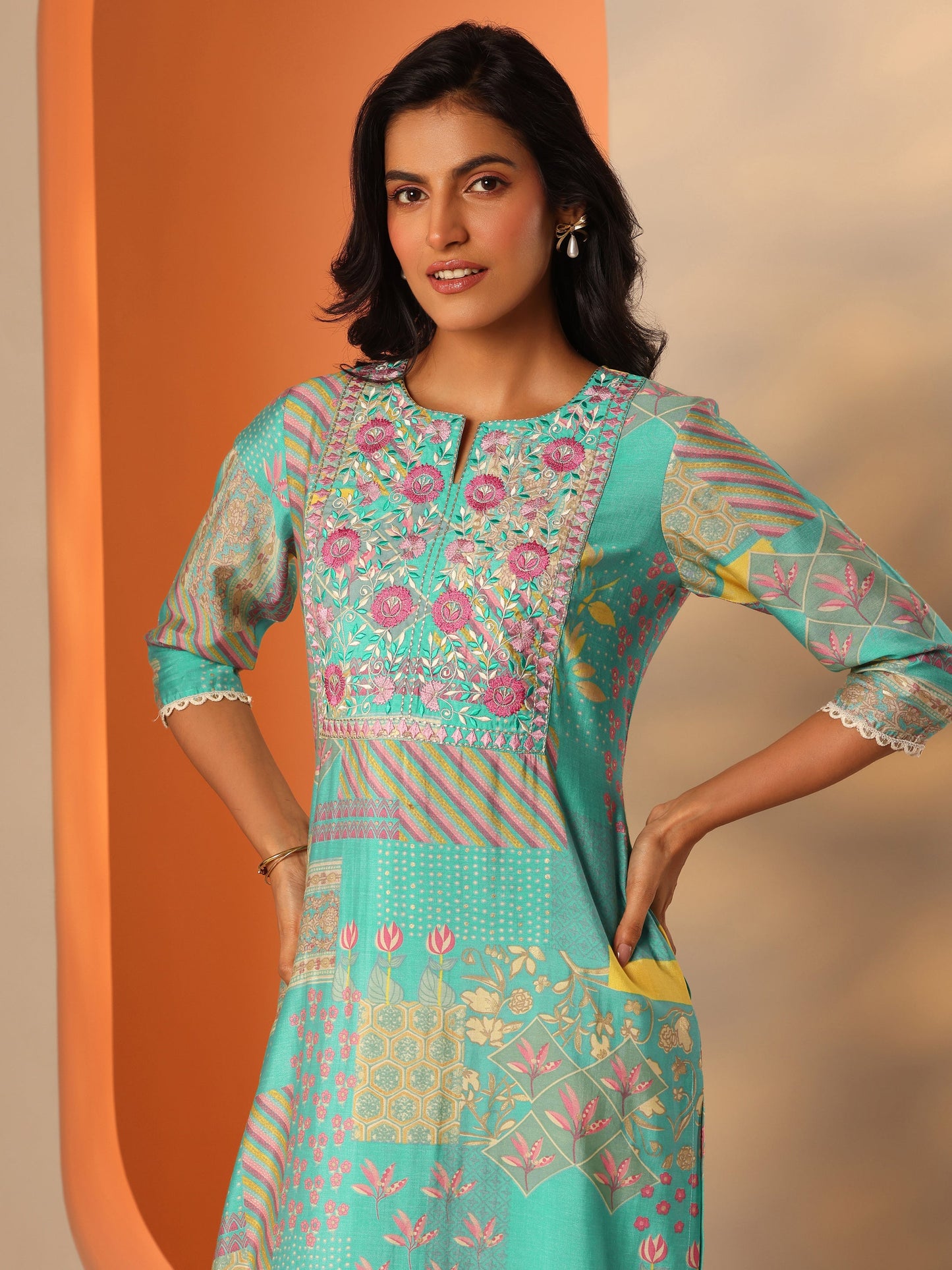 Blue Printed Silk Blend Straight Kurta